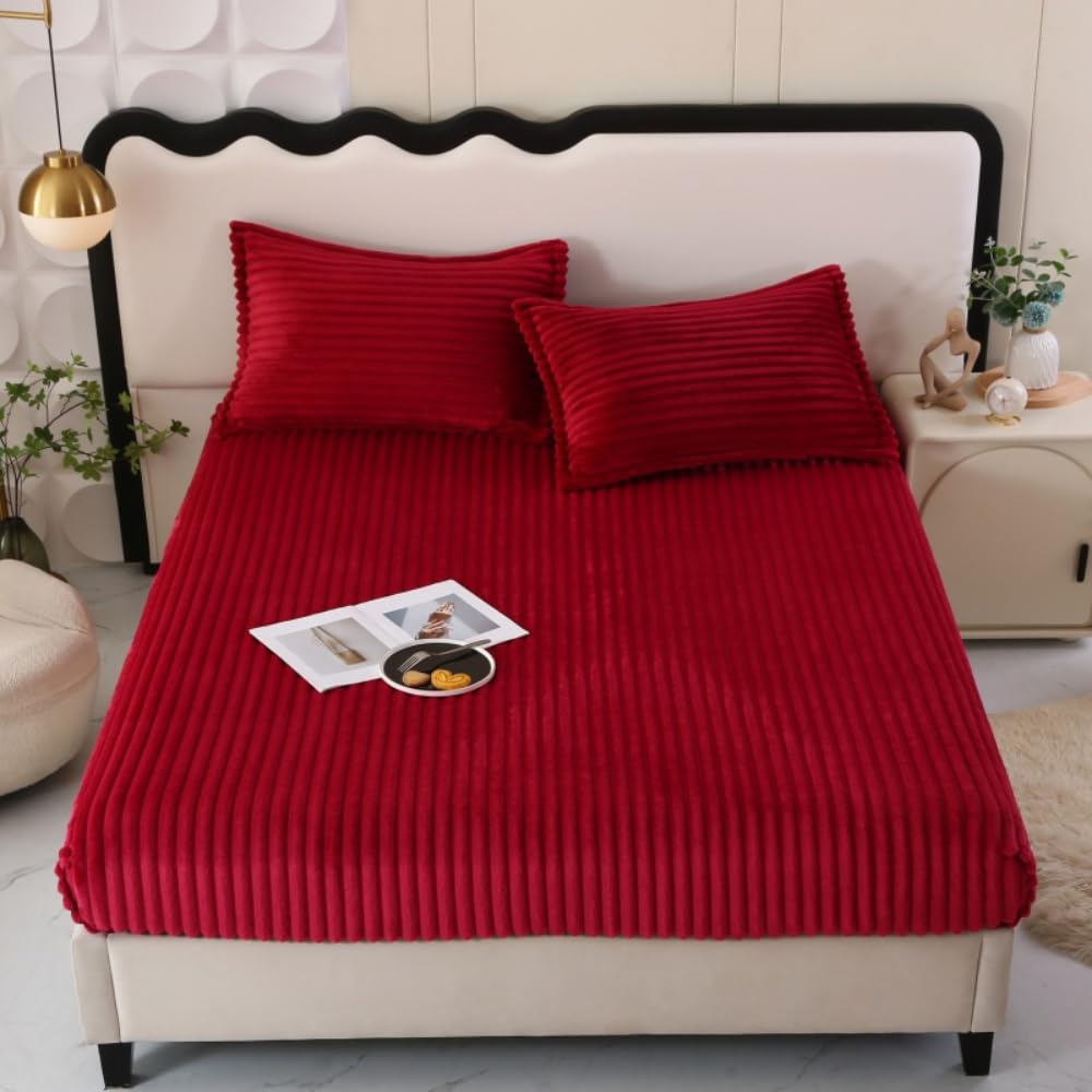 Protector De Colchón King Size, Cubrecolchón De Peluche De Color Sólido, Cubrecolchón Impermeable De Fácil Cuidado con Tiras Elásticas-Red||180x203cm