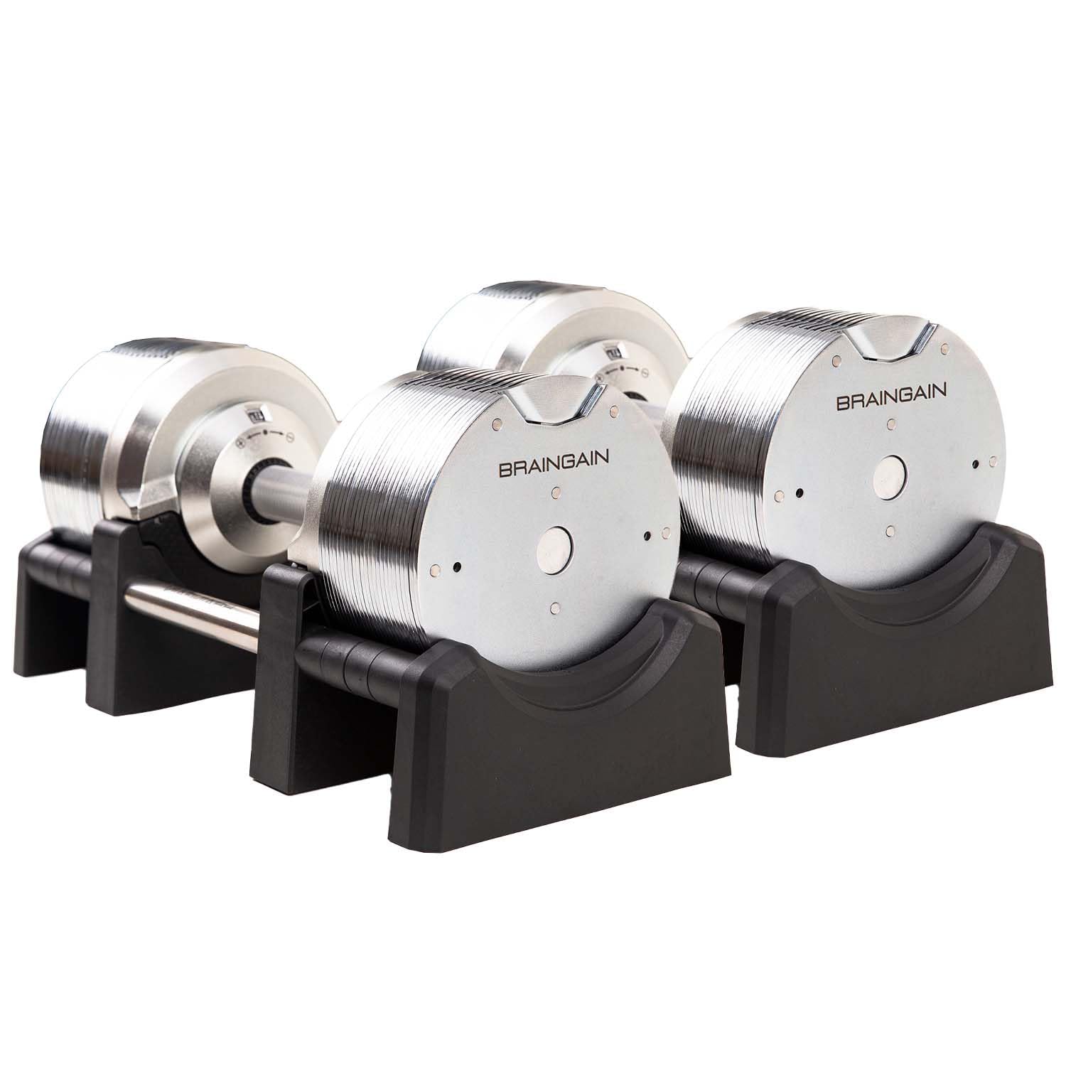 BRAINGAIN Verstellbare Kurzhantel Set 23,5kg / 32,5kg / 41,5kg – Jetzt mit 34mm Gen 4-Griff – Gewichte in 1 Sek wechseln – Platzsparendes Homegym – Mehrere Gewichte in einem – Chrom/Schwarz
