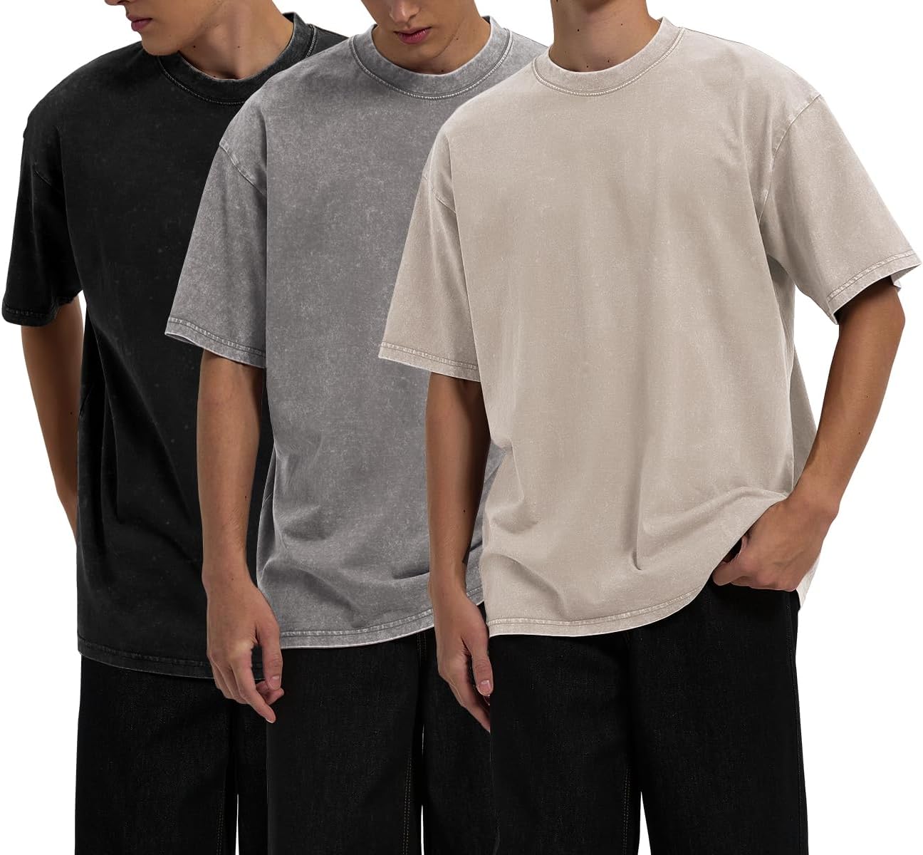 VILIGO 3 Pack Men's Oversized T Shirts Casual Cotton Unisex Short Sleeve Loose Fit Tee Acid Washed Tops