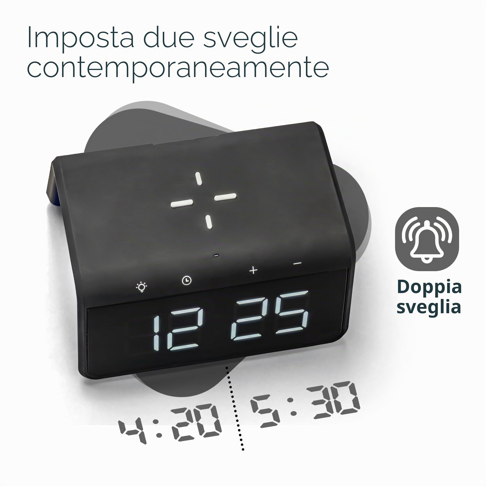 Caliber Sveglia Digitale con Luce, Display dimmerabile, Doppio Allarme e Stazione di Ricarica Rapida, per Bambini e Chi Dorme Profondo, Allarme Forte, Orologio Digitale