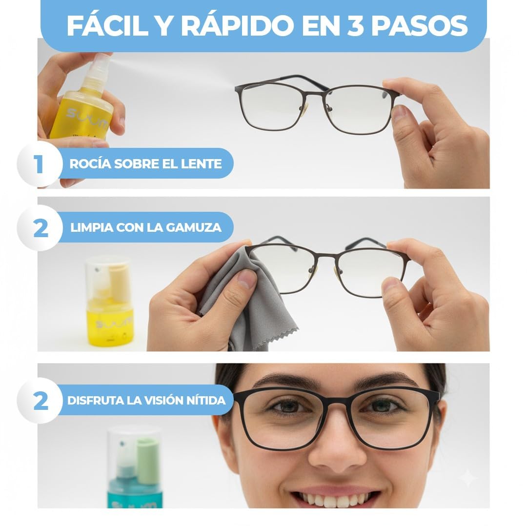 SUUM Pack 3 Spray Limpiador de Gafas con Paño de Microfibra - Spray con para Lentes Limpios y sin Vaho para Cristales y Pantallas - Limpia Gafas (Menta, Limón y Manzana)