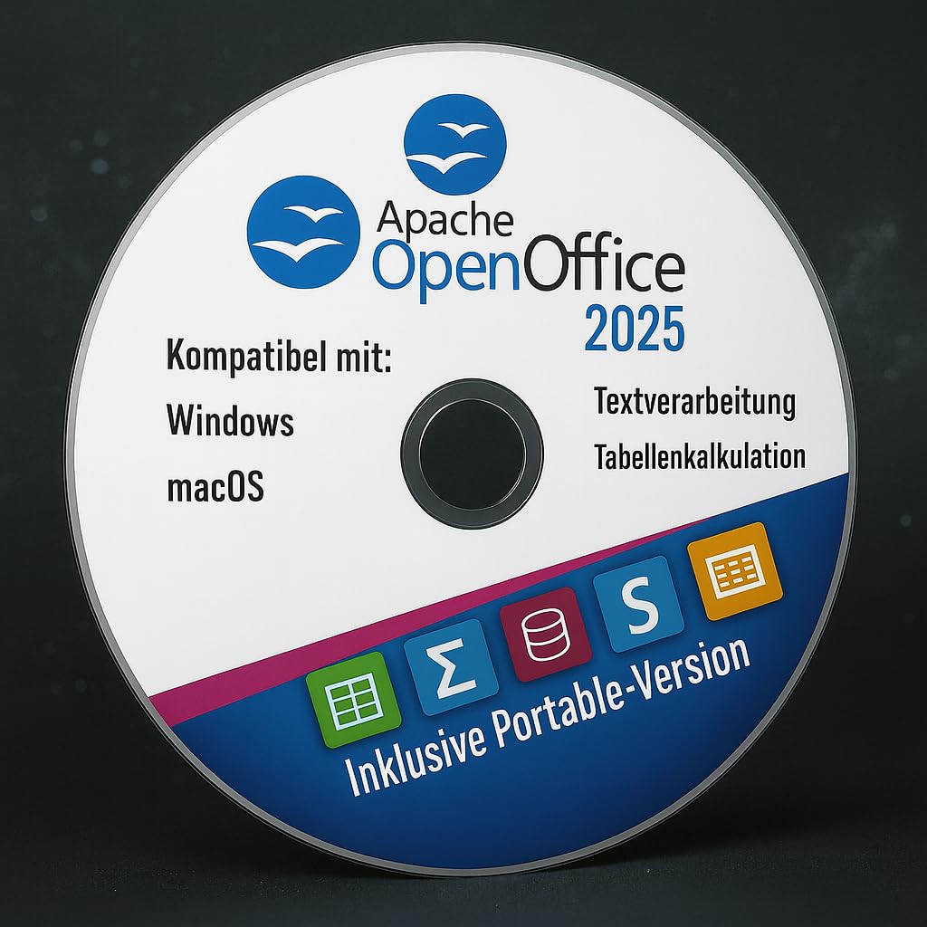 Apache OpenOffice 2025 auf DVD – Multi plattform Version – Deutsch – Writer, Calc, Impress – Kein Abo, offline
