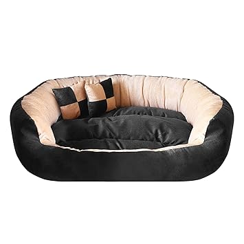 Mellifluous Ultra Soft Reversible Velvet Bed for Dog and Cat with 2 Extra Pillows (Small, Black-Cream)