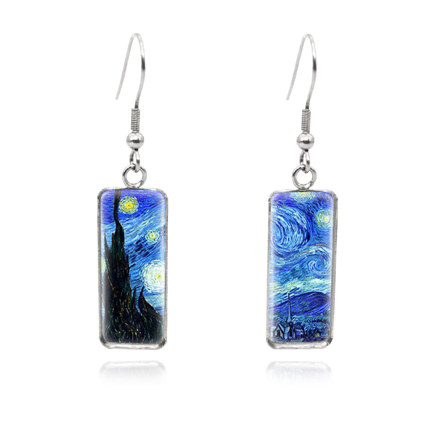 RCHENGYANUIMA Rectangle Van Gogh Impressionist Painting Starry Sky Oil Drop Dangle Earrings for Women Abstract Art Earrings Charm Jewelry