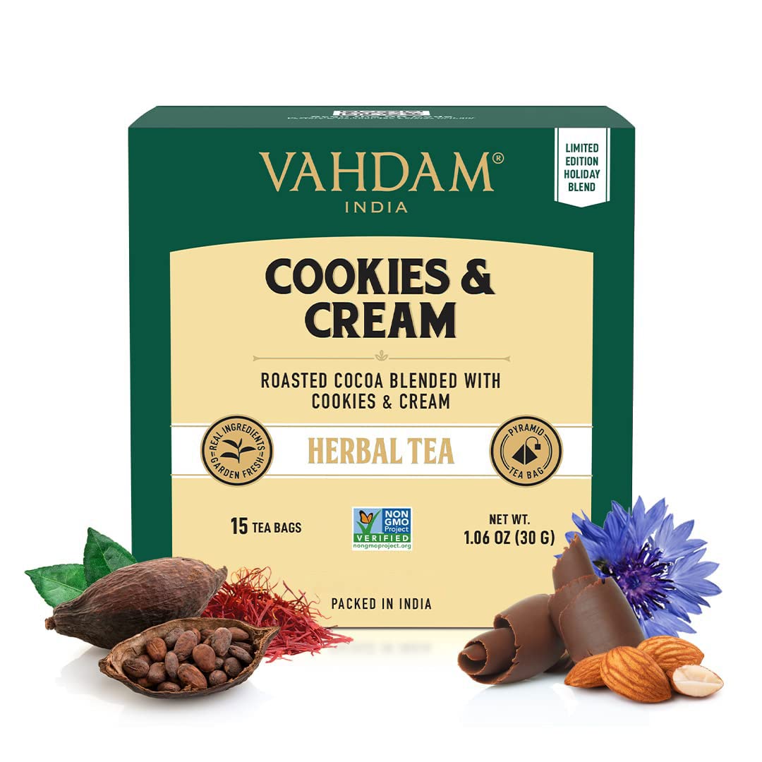 View 1 of VAHDAM, Organic Cookies & Cream Herbal Tea | LIMITED EDITION | Dessert Tea | Cookies & Cream Extracts, Almond, Cocoa, Cinnamon, Cardamom, Chamomile & Vanilla | 15 Tea Bags Cookies & Cream 15 Count (Pack of 1)
