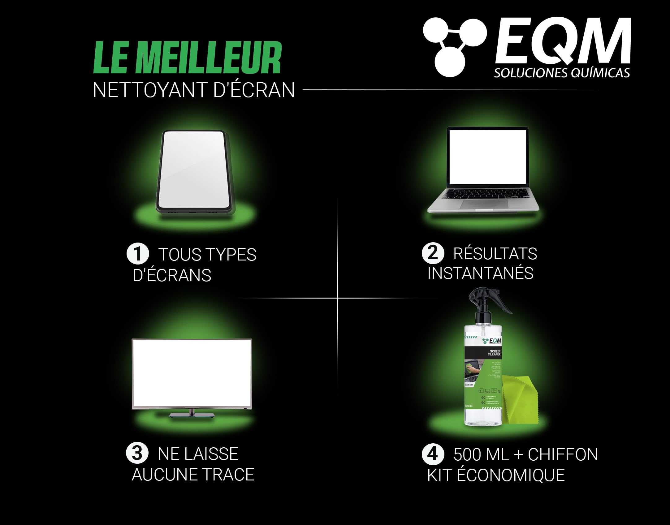 EQM - ECO-219 - Kit Nettoyant Écrans + Chiffon Microfibre - 500 ML - Format Premium - Compatible Tablette, Mobile, Ordinateur Portable, Appareil Photo, LED, OLED