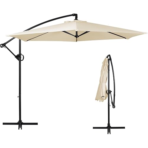 Cantilever Umbrella Patio Outdoor, Offset Hanging Patio Umbrella with Easy Lift & Tilt Adjustment, Crank and Cross Base, UV Protection Fade Resistant for Deck, Pool, Garden, Cream White