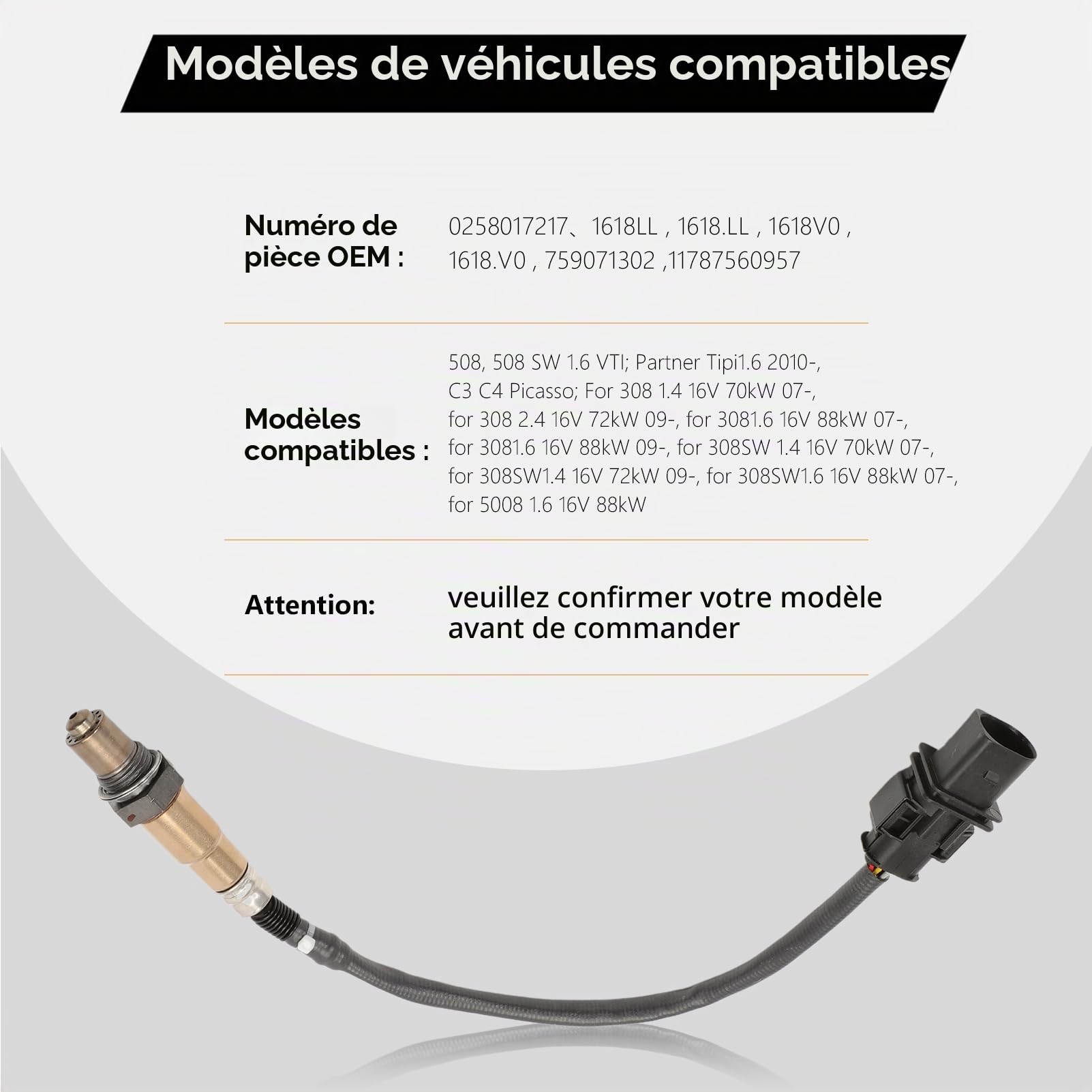Sonde Lambda Supérieure pour C3 C4 Picasso C5 DS3 DS4 mini R55 R56 207 208 308 508 2008 3008 5008,0258017217 Capteur d'oxygène de la Sonde Lambda supérieure
