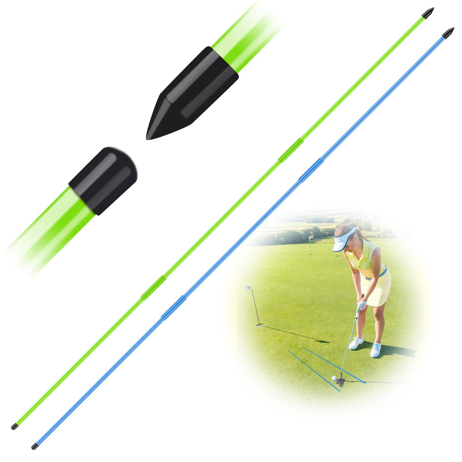 AXKAL Golf Alignment Sticks Swing Trainer Tool Value 2 Pack, Foldable Practice Rods for Aiming Trainer Posture Corrector Putting Full Swing (Green+Blue)