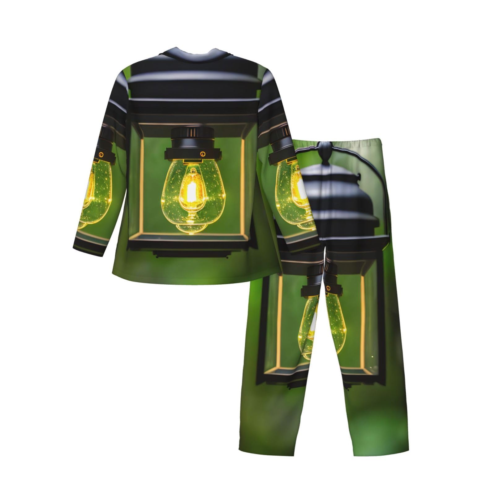 Herren-Pyjama-Set mit Glühwürmchen-und Laternen-Druck, langärmelig, zweiteilig, Hauskleidung, bequeme Nachtwäsche