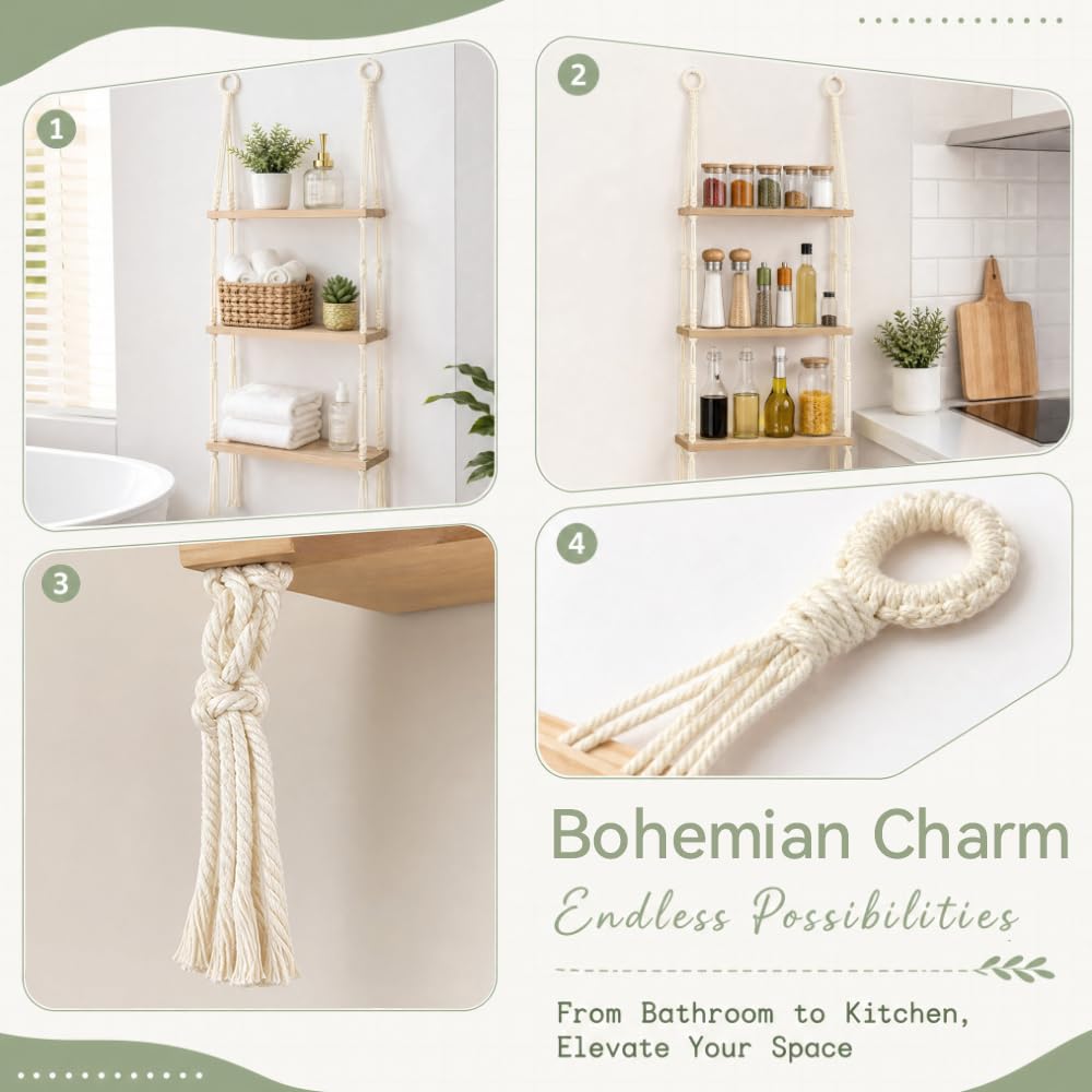 Mensole da Muro Legno, 3 Livello Scaffali di Corda in Legno con 2 Ganci Mensola Sospesa con Corda in Stile Boho Scaffale da Appendere da Parete Decor e Archiviazione per Soggiorno, Bagno