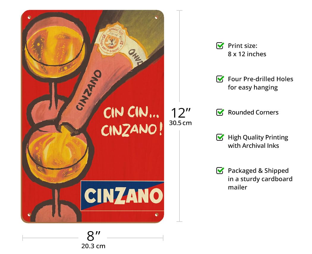 Cin Cin Cinzano - Asti Spumante - włoskie wino musujące - plakat reklamowy vintage ok. 1970-20 x 30 cm vintage drewniany znak artystyczny