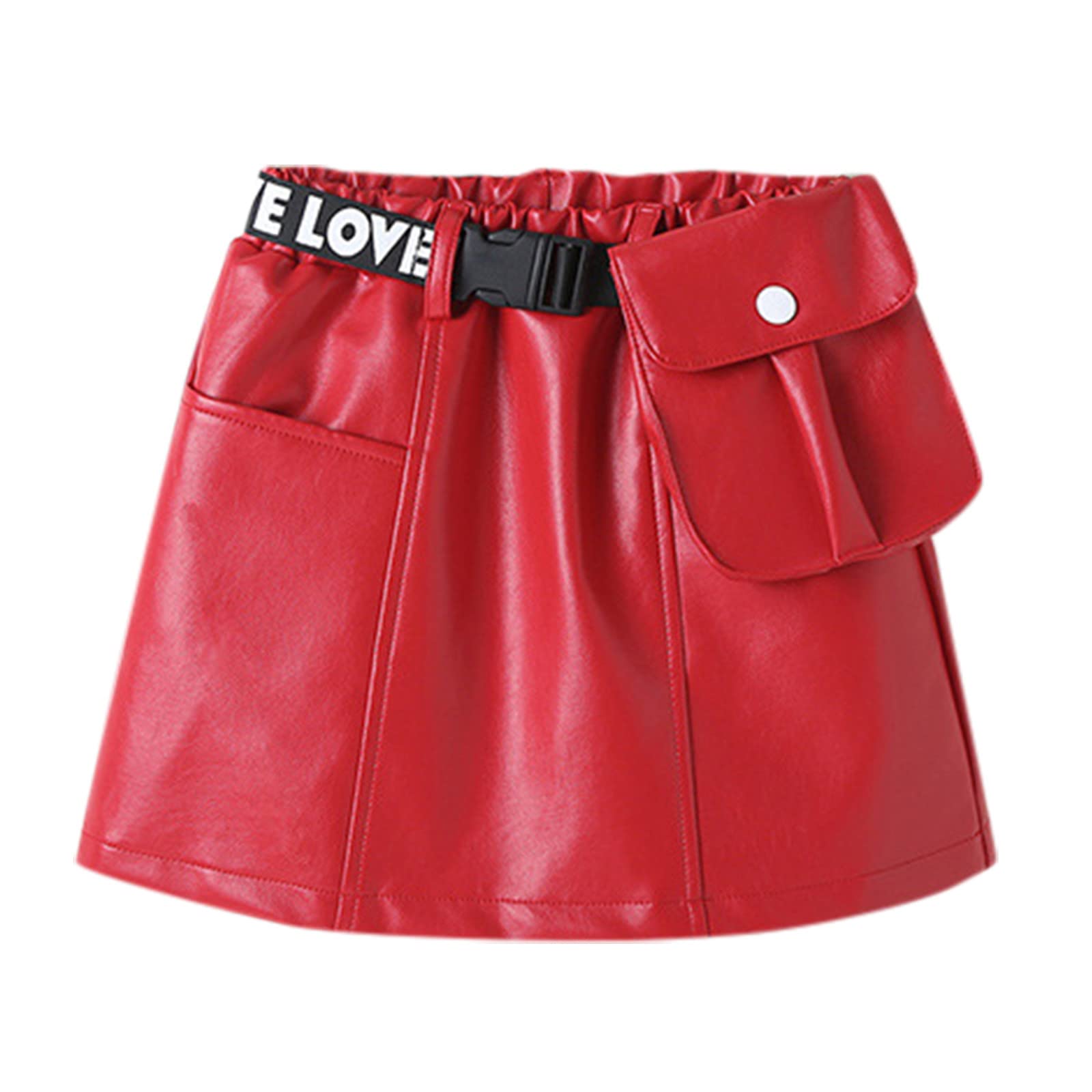 Girls PU Leather Skirt Baby Kids Toddler Patchwork Elastic Waist A-Line Leather Skirt with Pocket (Red, 5-6 Years)