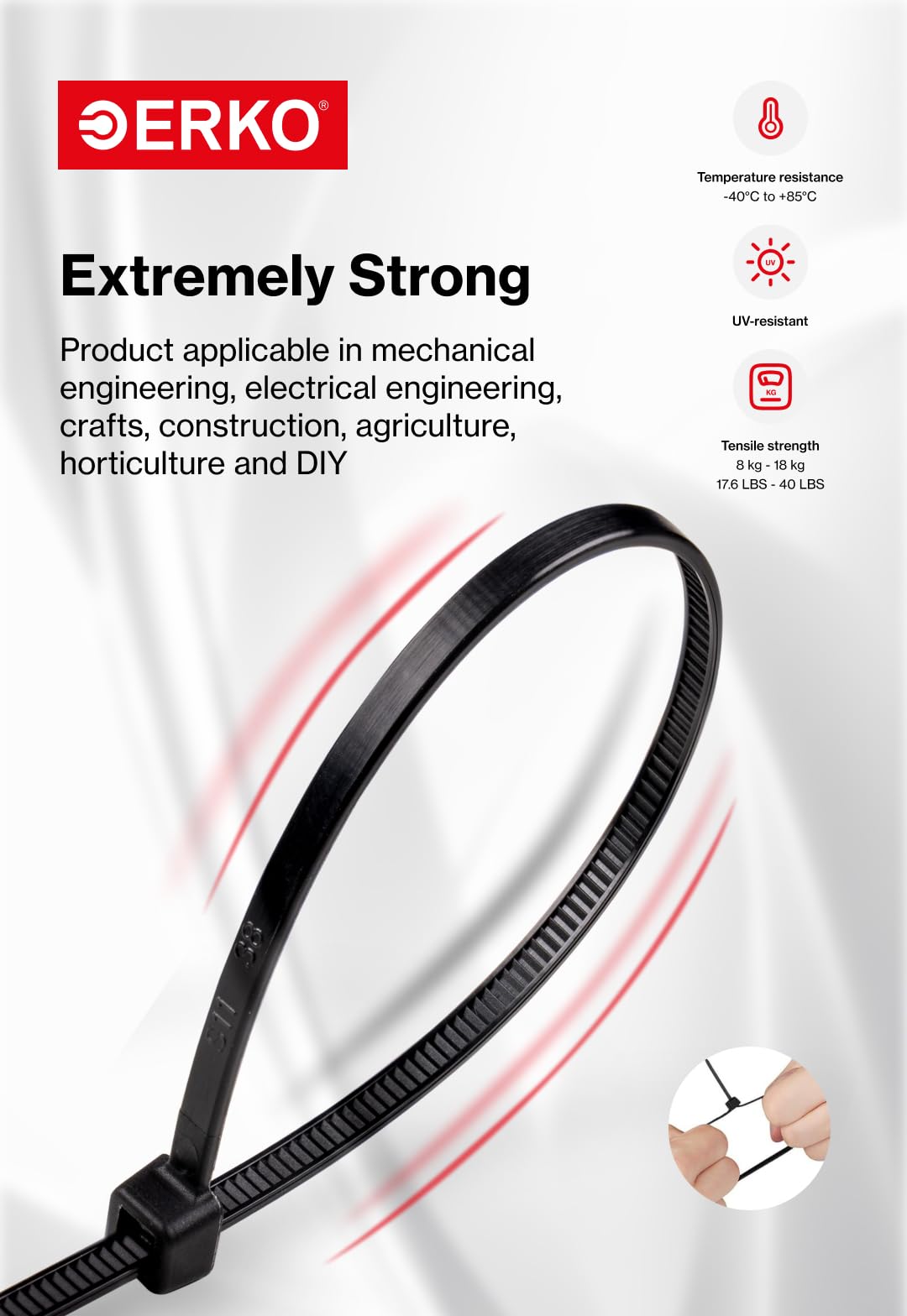 ERKO Cable Ties Black Set 200 Pieces, Various Sizes 100/150/200/300mm, 2.5/3.6mm Width UV-Resistant, Temperature Resistant - Image 3