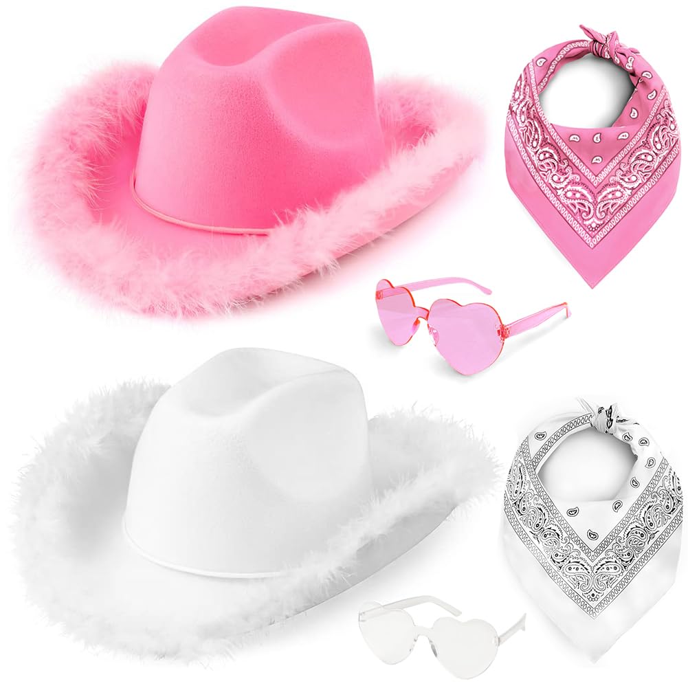 Pipihome Cowboy Hat Women, Cowgirl Hat, 6 Piece Set Western Hat with Bandana and Heart Sunglasses, Cow Girl Outfit Women for Wedding Bachelorette Birthday Party Costume Accessory