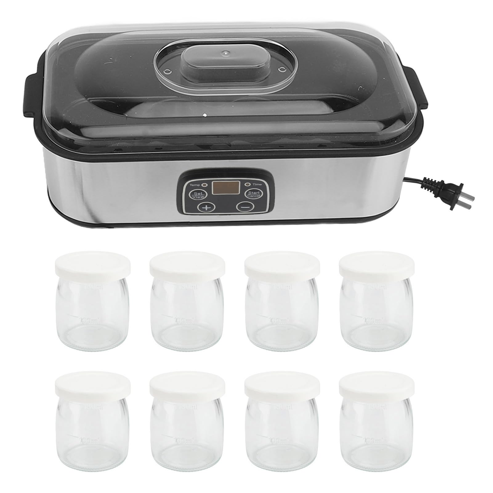 AUNMAS Electric Yogurt Maker, 1.4L Stainless Steel Yogurt Machine with 8 Glass Jars, Adjustable Temperature & Time Control for Homemade Yogurt, Jams, Ice Cream, Pudding (US Plug 110V)