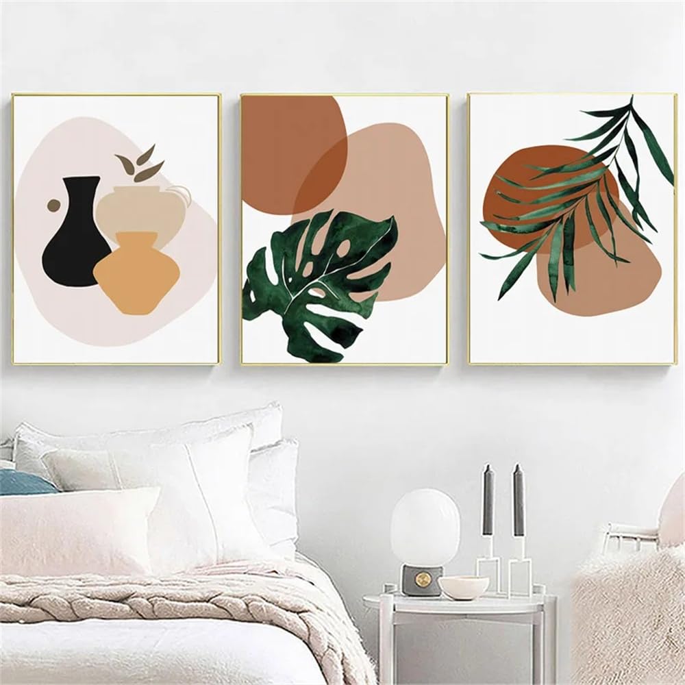 WUHBCZ Art Pictures-Abstract Watercolor Wall Art Geometric Block Nordic Poster and Print Leaf Plant Vase Canvas Painting Wall Pictures Kitchen Office Home Decor-50 * 70cm/3PCS (No Frame)