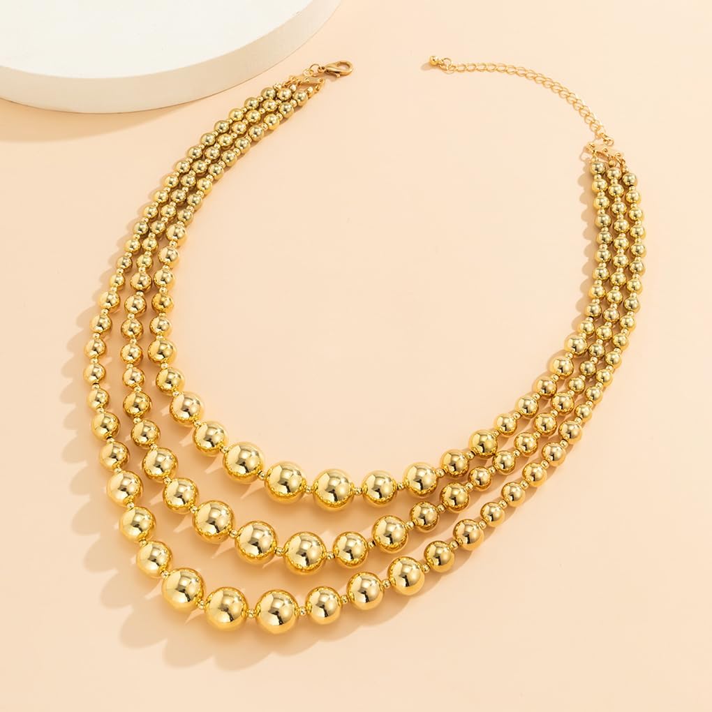 Chunky Gold Bead Stackable Necklace for Women,Vintage Layered Big Round Beaded Statement Collar Necklaces,Formal Accessories Party Jewelry Gift - Image 5