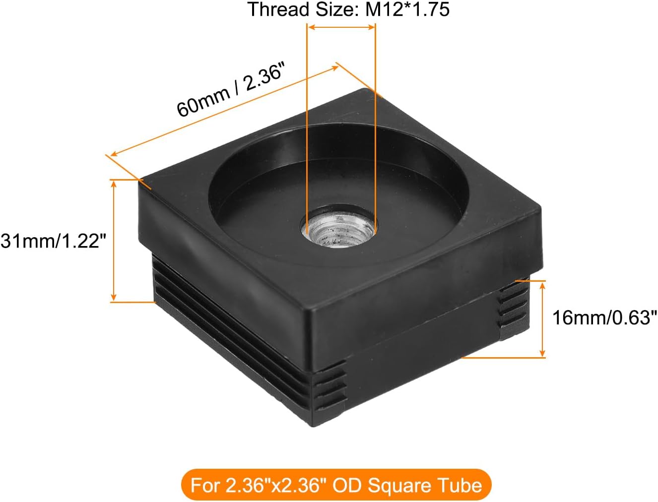 uxcell 4Pcs Plastic Threaded Tube Inserts with M12 Thread, for 2.36"x2.36" OD Square Tube, Adjustable Square Black Plastic Plug Caster Insert Chair End Caps Furniture Leg Plug