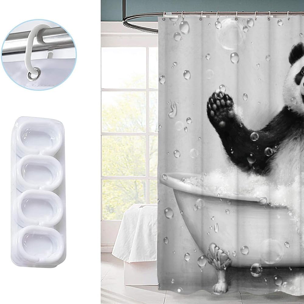 KREATIVE ARTS Black and White Panda Shower Curtain Funny Animal Taking Shower Bathroom Curtain Cute Wild Animal on Raindrop Background Bath Curtain Fabric Bathroom Decor Set for Kids 72x72inch