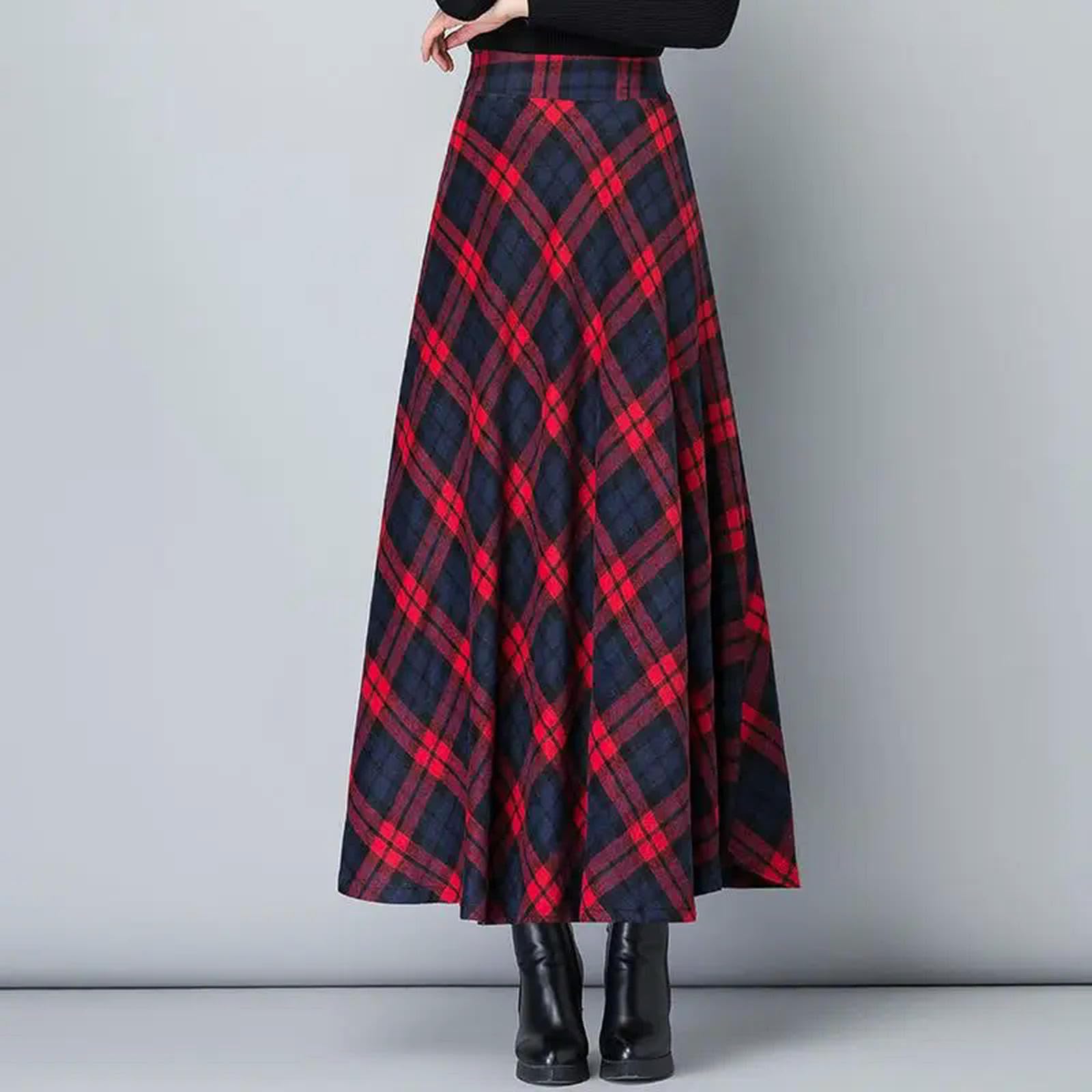 Mdybf Gonna Lunga Donna Autumn Inverno Inverno A Quadri Rossi Ad Alta Vita con Gonne A Lunghezza A-Riga Tartan-Un-l
