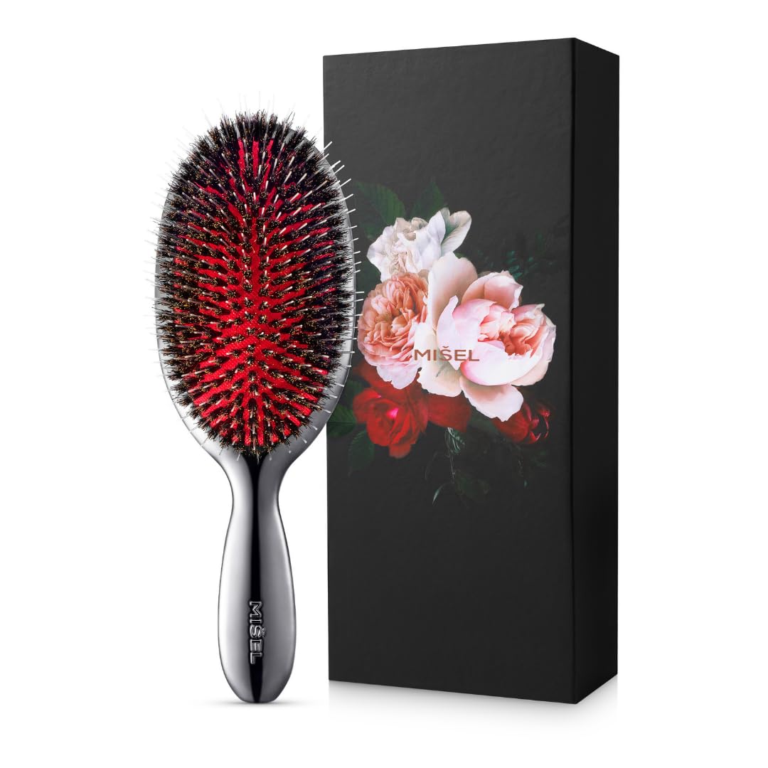 MISEL Cepillo Profesional de Cerdas de Jabalí para Mujeres y Hombres | Desenreda Todo Tipo de Cabello Natural y Extensiones | Reduce la Rotura | Aprobado por Salones | Grande