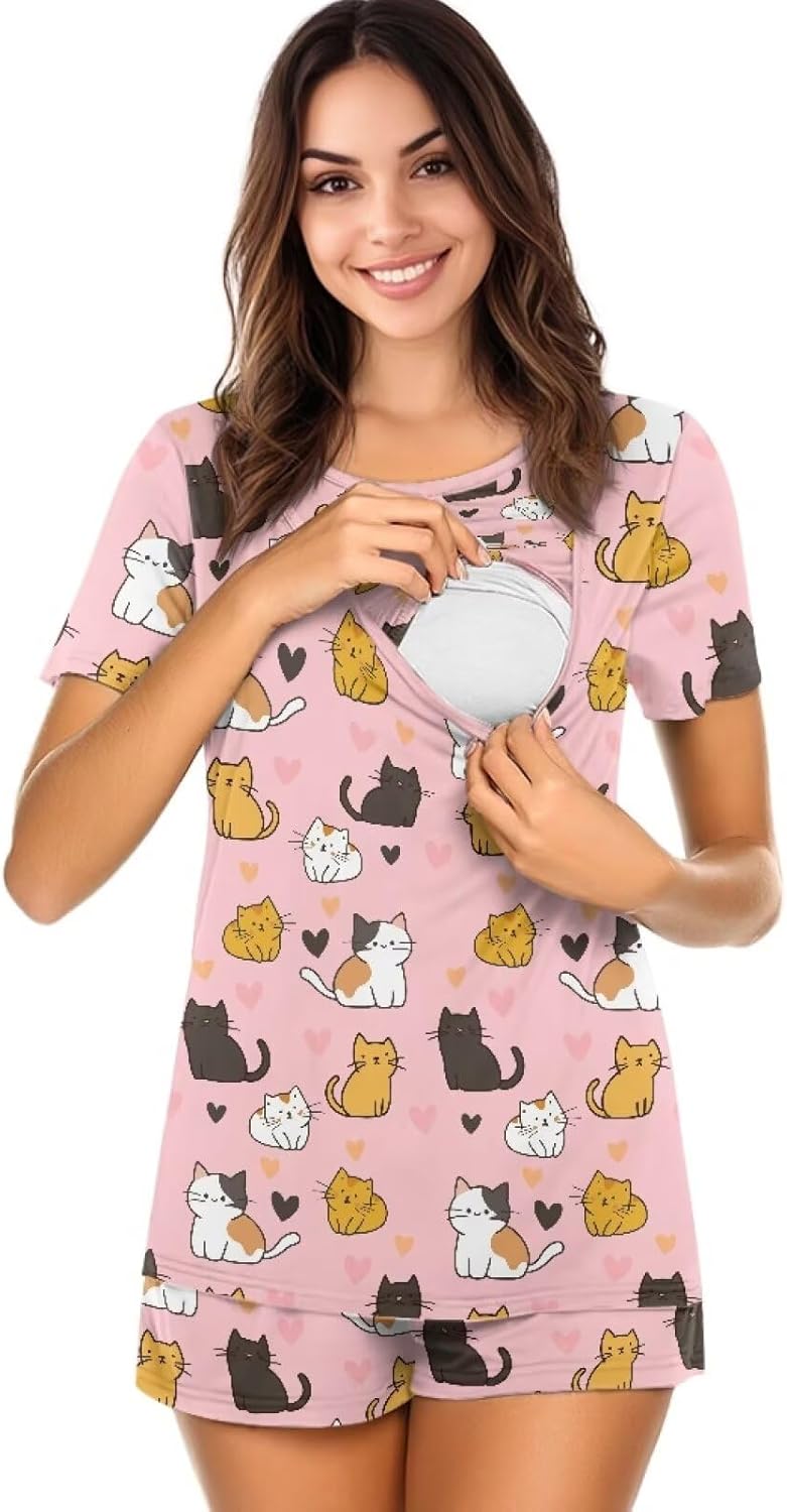 Xoenoiee Maternity Nursing Pajamas Set for Women Breastfeeding Soft Postpartum Loungewear Double Layer Pregnancy Sleepwear