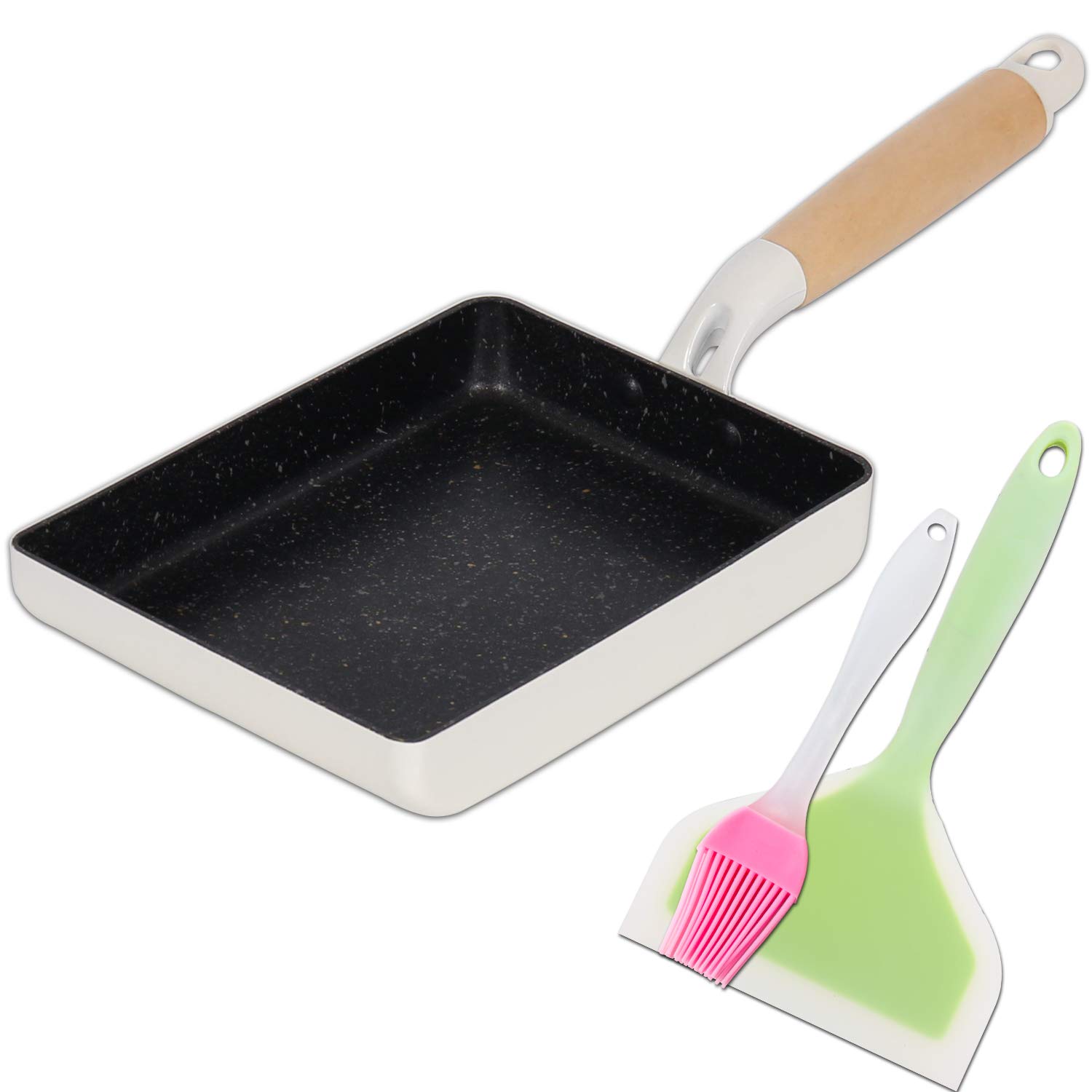 ROCKURWOK Japanese Omelette Pan Nonstick Tamagoyaki Egg Pan, Retangle Small Frying Pan, with Silicone Spatula & Brush, 7‚ x 5‚, White