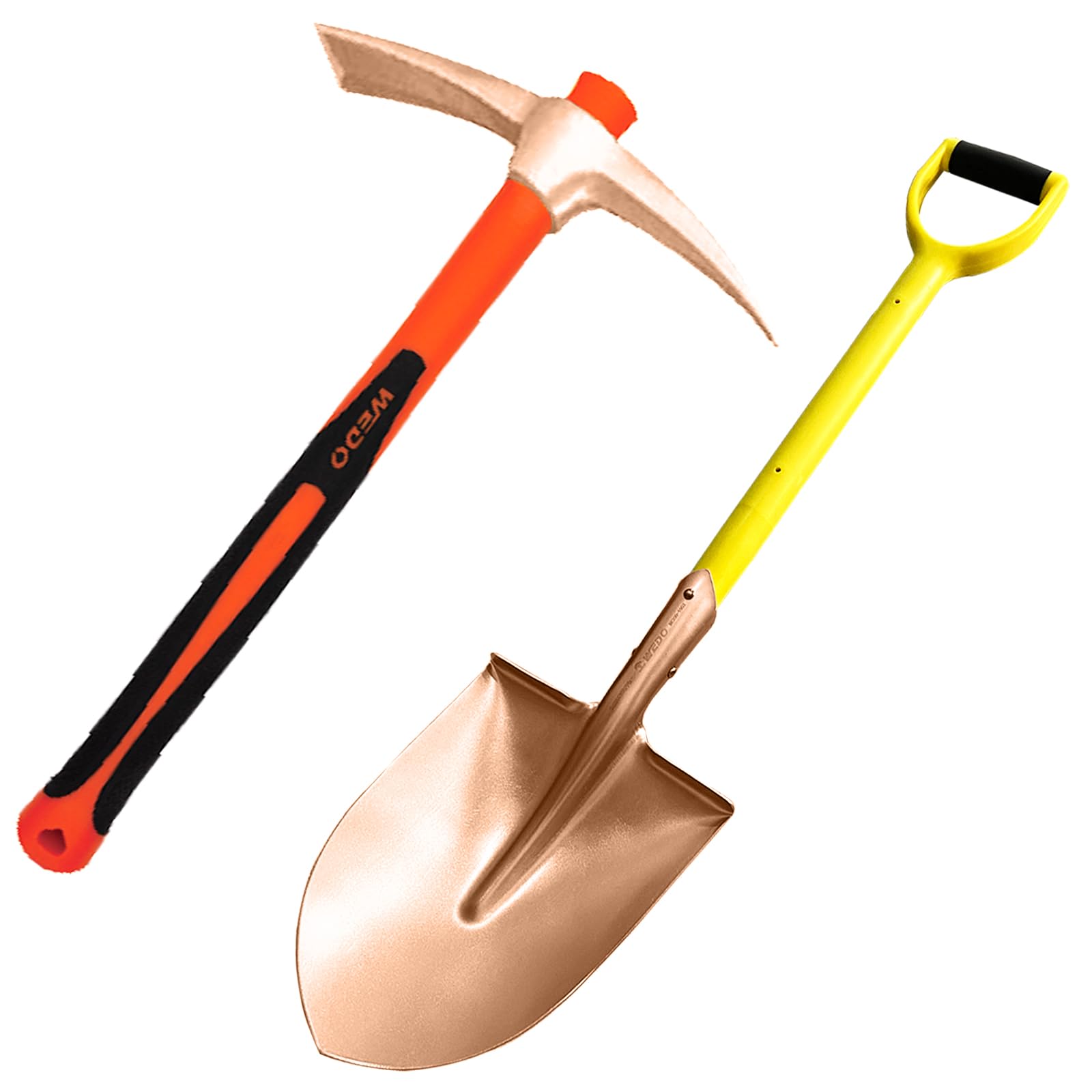 WEDO Juego de pala y púa de punta redonda que no produce chispas, pala de hoja recta de 990 mm, martillo de púas de roca de 910 mm, mango antideslizante, cobre berilio, no magnético, estándar DIN
