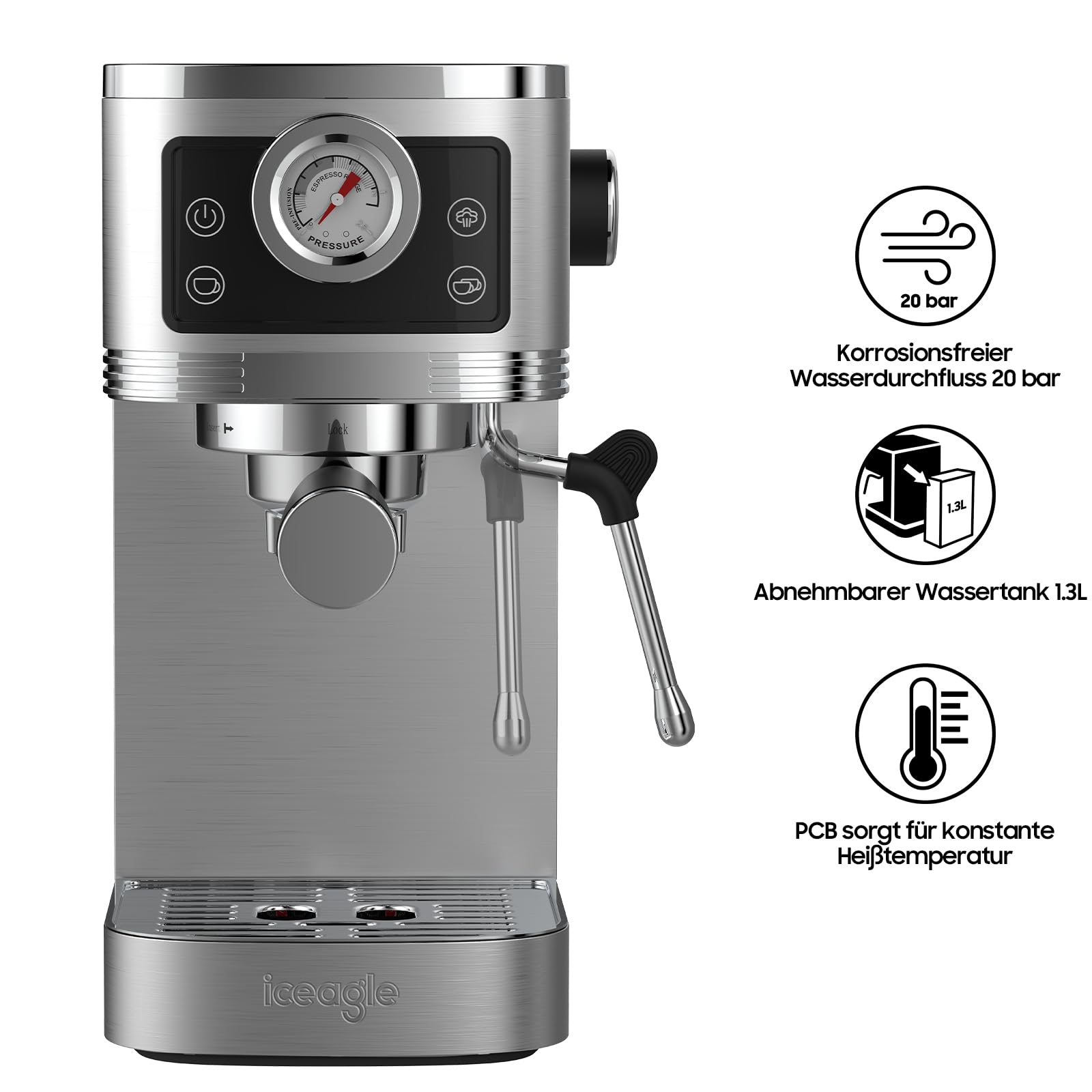 iceagle Espresso Siebträgermaschine 20-Bar Italienischer Pumpe | 1350W Espressomaschine Edelstahl mit Milchaufschäumer, Kaffeemaschine für Cappuccinoo, Touchscreen mit Druckanzeige, 1.3L Wassertank