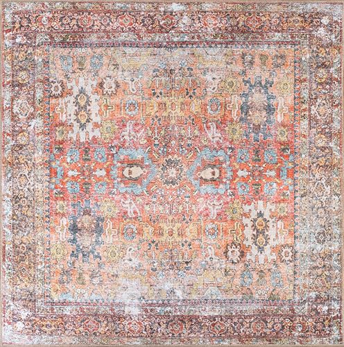 Rugshop Multi Transitional Distressed Square Area Rug — Machine Washable & Non‑Slip, 6' 7" Square for Dining Room, Living Room and Office