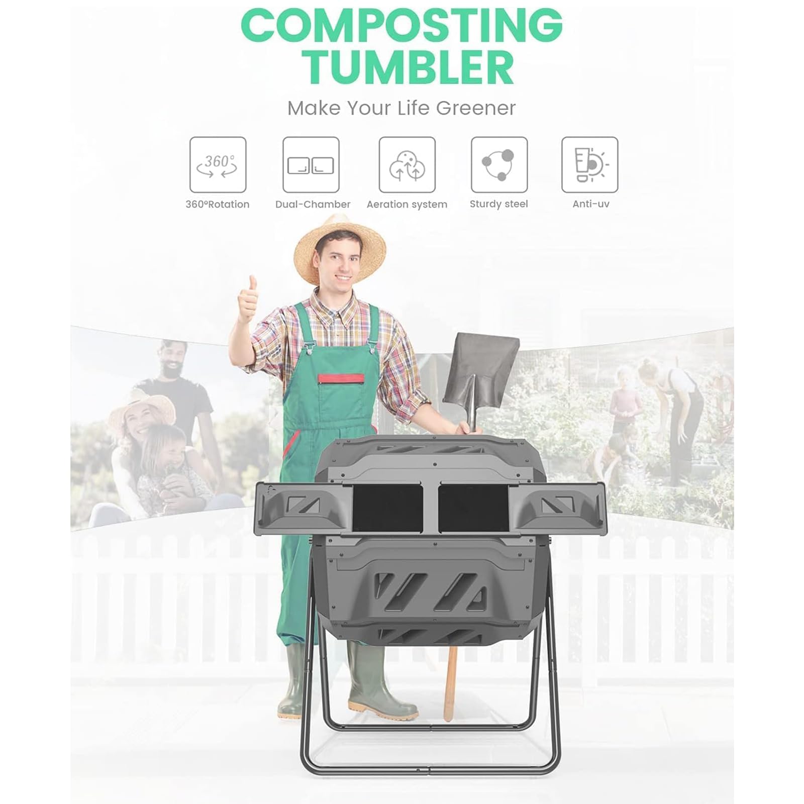 SQUEEZE master Contenedor de abono giratorio de doble cámara de 160 litros, compostador de jardín giratorio resistente, compostaje más rápido con mejor circulación de aire, vaso de compost giratorio