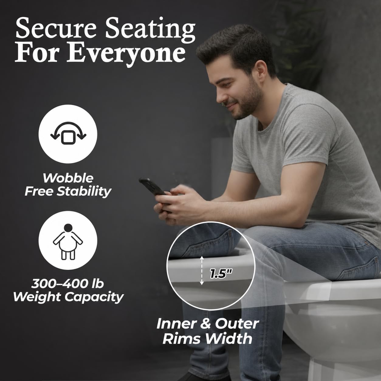 Safe Buns - Asiento de inodoro antideslizante, diseño estable y cómodo, cierre suave, fácil de limpiar, ajuste universal, redondo