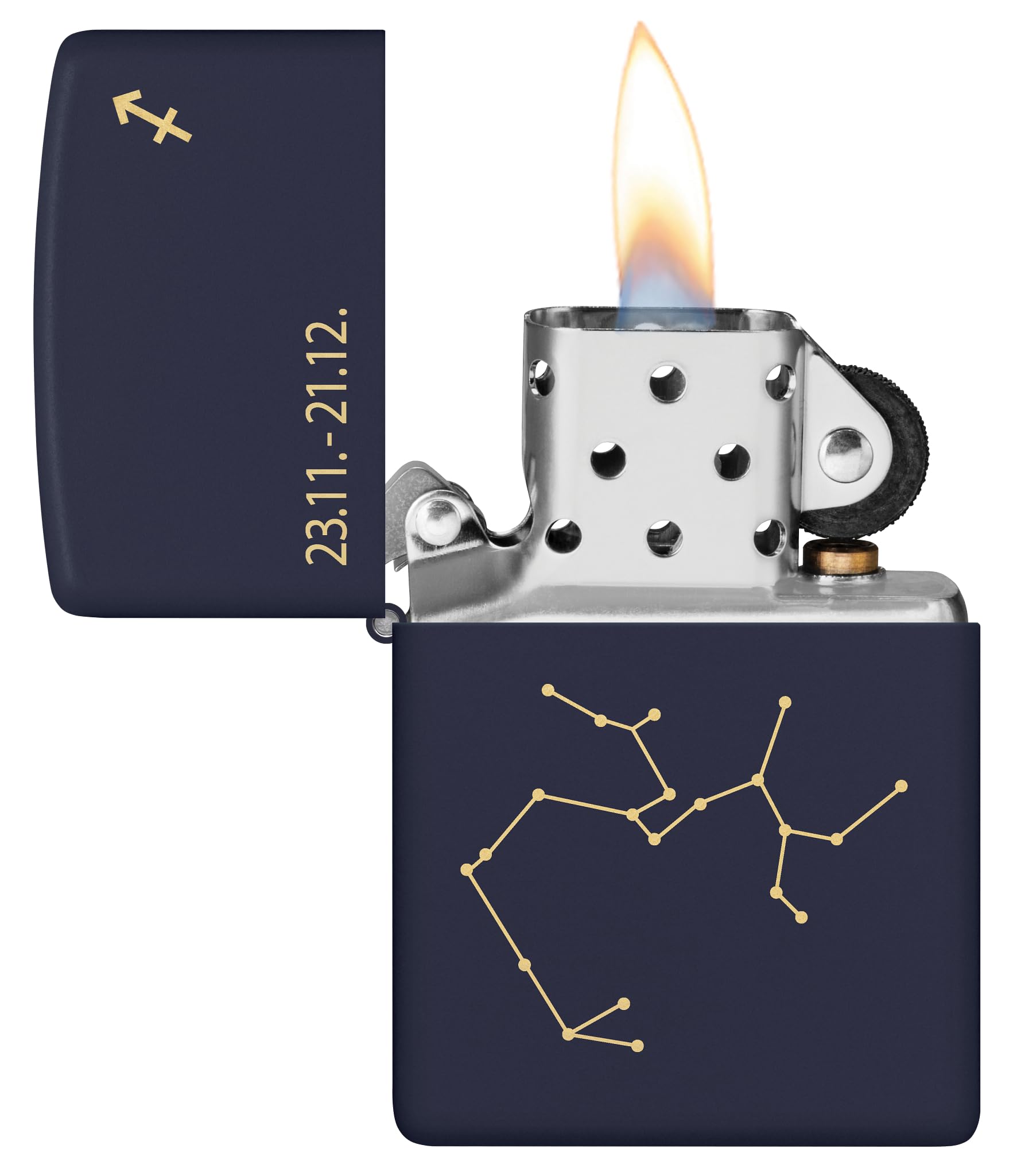 Zippo Zodiac Strzelec Zapalniczka Sztormowa, Grawerowanie Laserowe, Wielokrotnego Użytku, do Napełniania, Wiatroodporna Konstrukcja, Pudełko na Prezent, Wykonano w USA, Kolor Granatowy Matowy