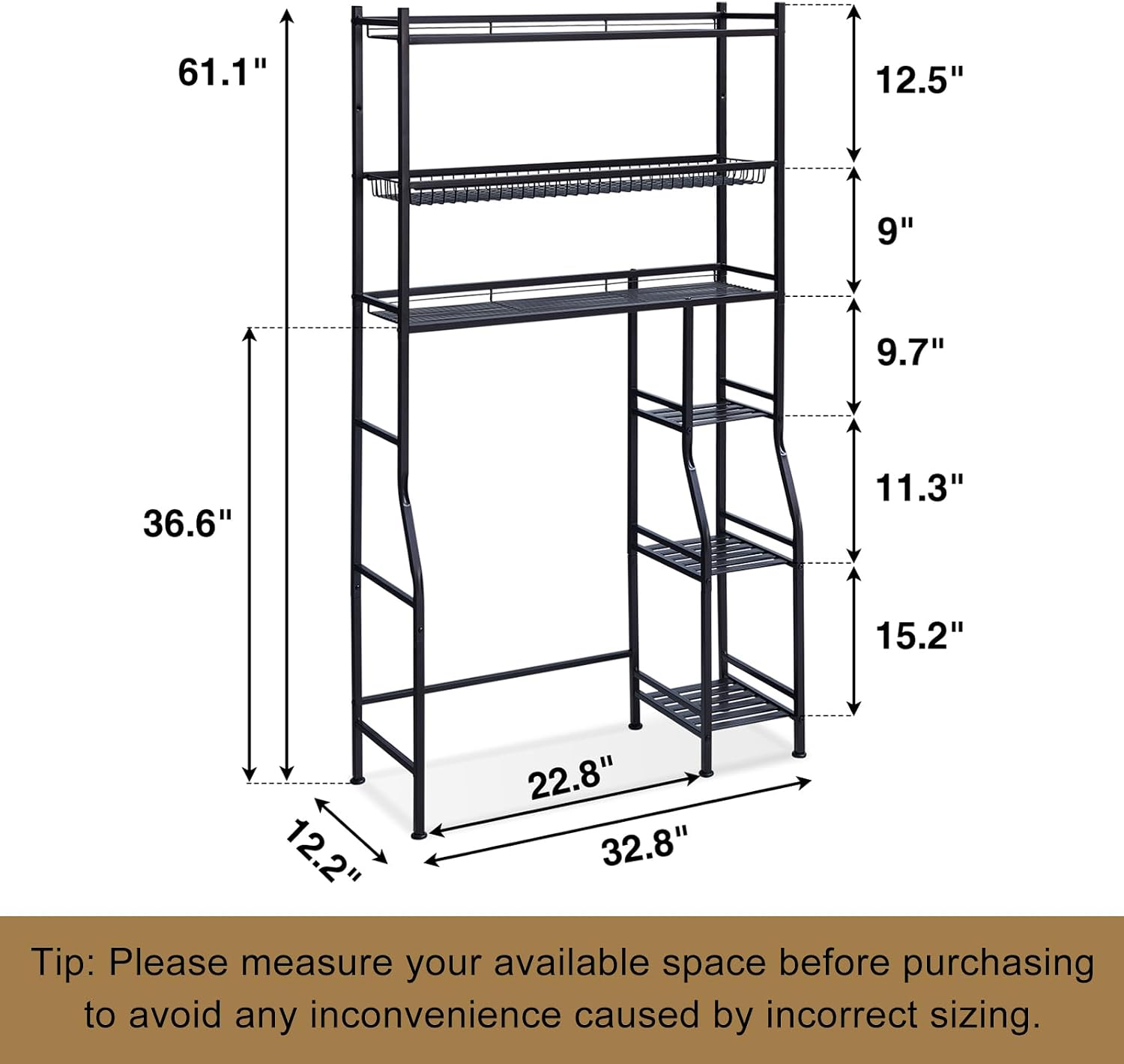 Lauren&Harold 6-Tier Over The Toilet Storage with Side Rack Black