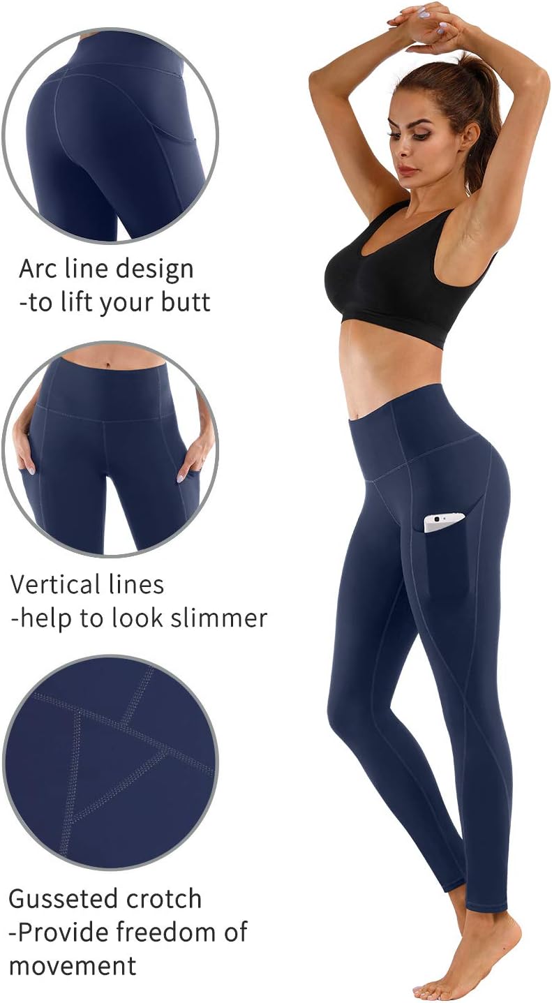 PHISOCKAT 2 Pack High Waist Yoga Pants with Pockets, Tummy Control Leggings, Workout 4 Way Stretch Yoga Leggings