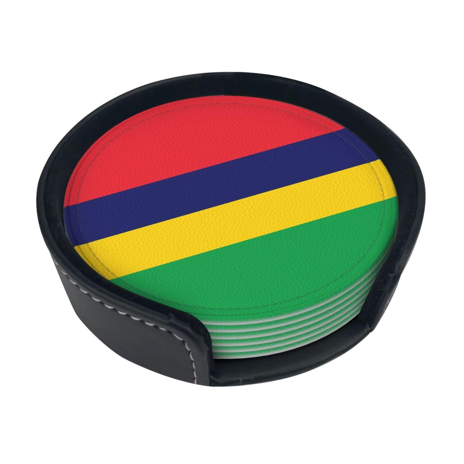 Flag of Mauritius Printed Coaster Set, with Holders, 6 Pieces. Suitable for Dining Tables, Kitchen Decor, and Coffee Tables.