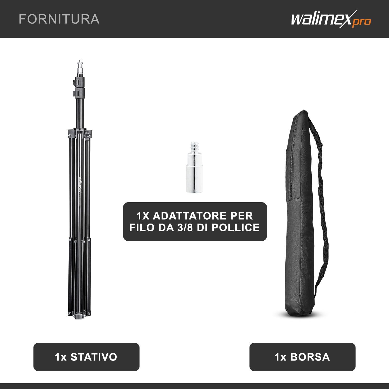 walimex Pro treppiede per lampada WT-803, 200 cm (altezza max. 200 cm, capacità di carico ca. 2,5 kg, borsa per il trasporto)