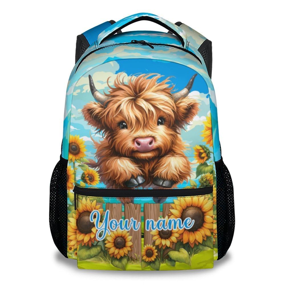 KAXVZER Custom Backpacks for Girls with Name, 17 Inch Cow Themed School Backpacks for Students Women, Causal Highland Cow Bookbag for Elementary