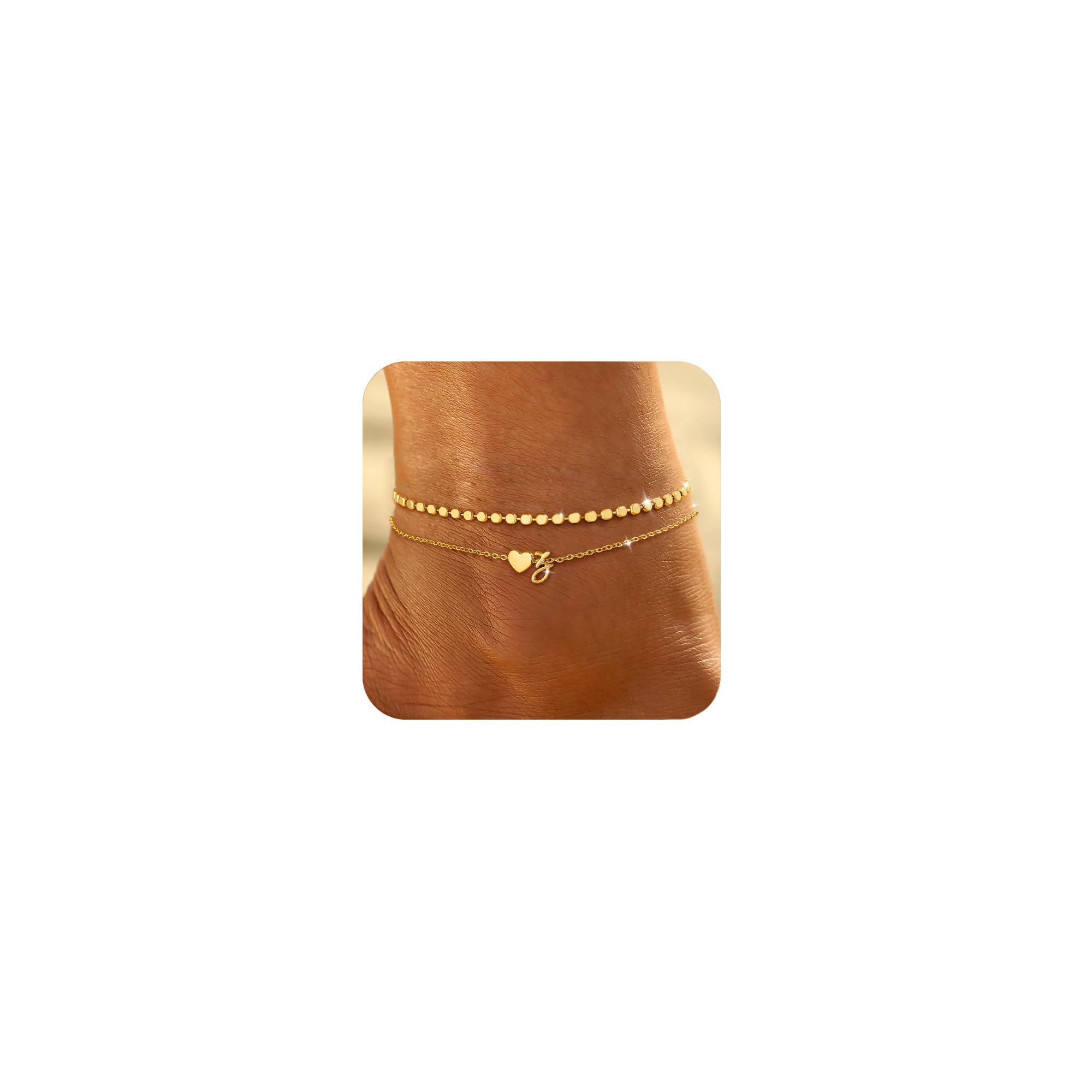 Honsny Gold Initial Ankle Bracelets for Women Heart Anklets Non Tarnish