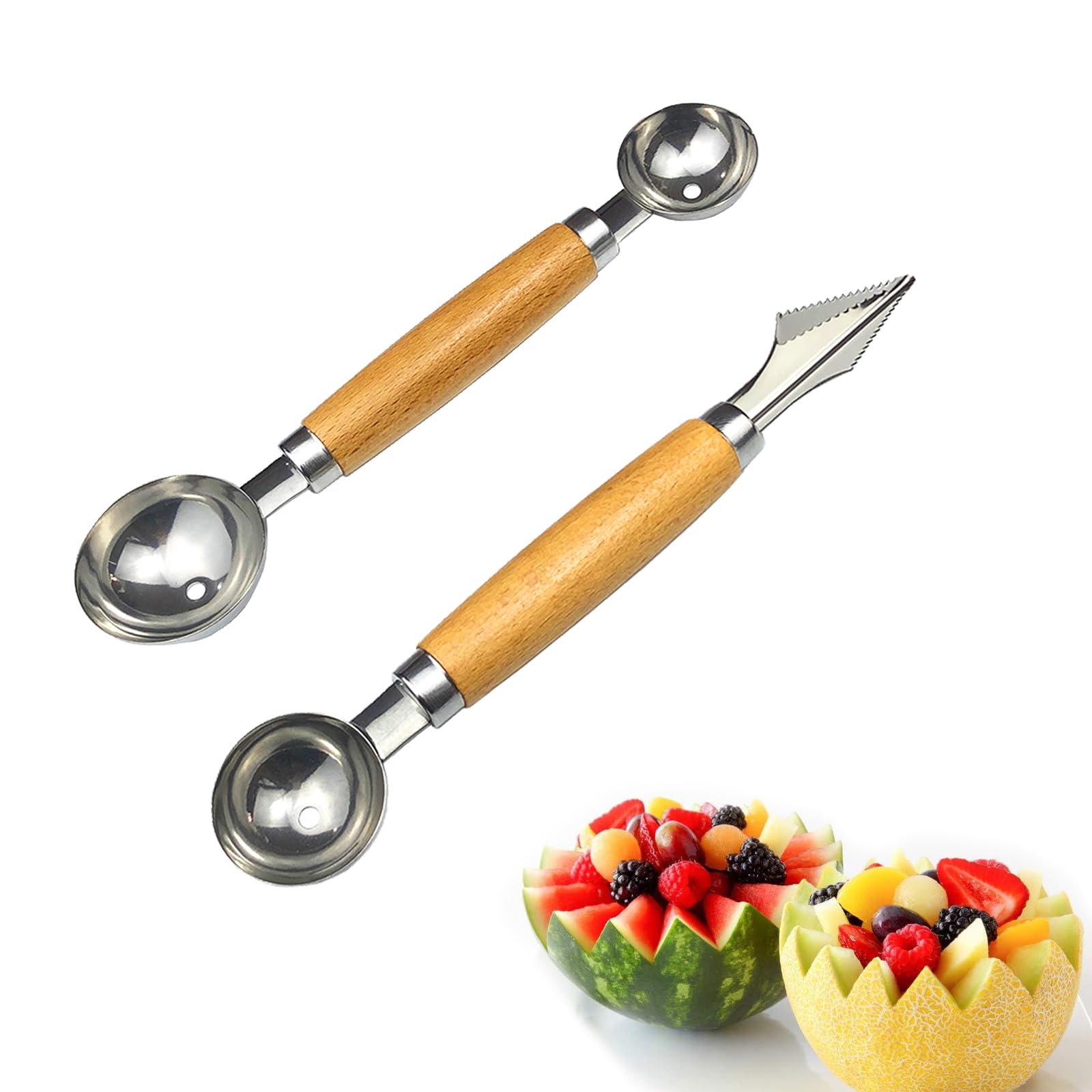 Juego de bolas de melón de acero inoxidable de doble extremo con mango de madera, herramientas de tallado de frutas, formas de cortador de frutas