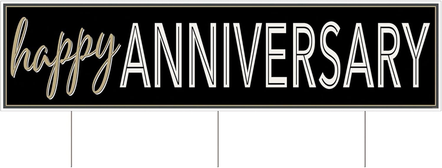 Beistle Plastic Jumbo Happy Anniversary Yard Sign – Large Outdoor Milestone Wedding Decoration in Black & Gold, All-Weather Corrugated Plastic, Tri-Fold Design, 3 Metal Stakes Included, 11¾" x 3' 11"
