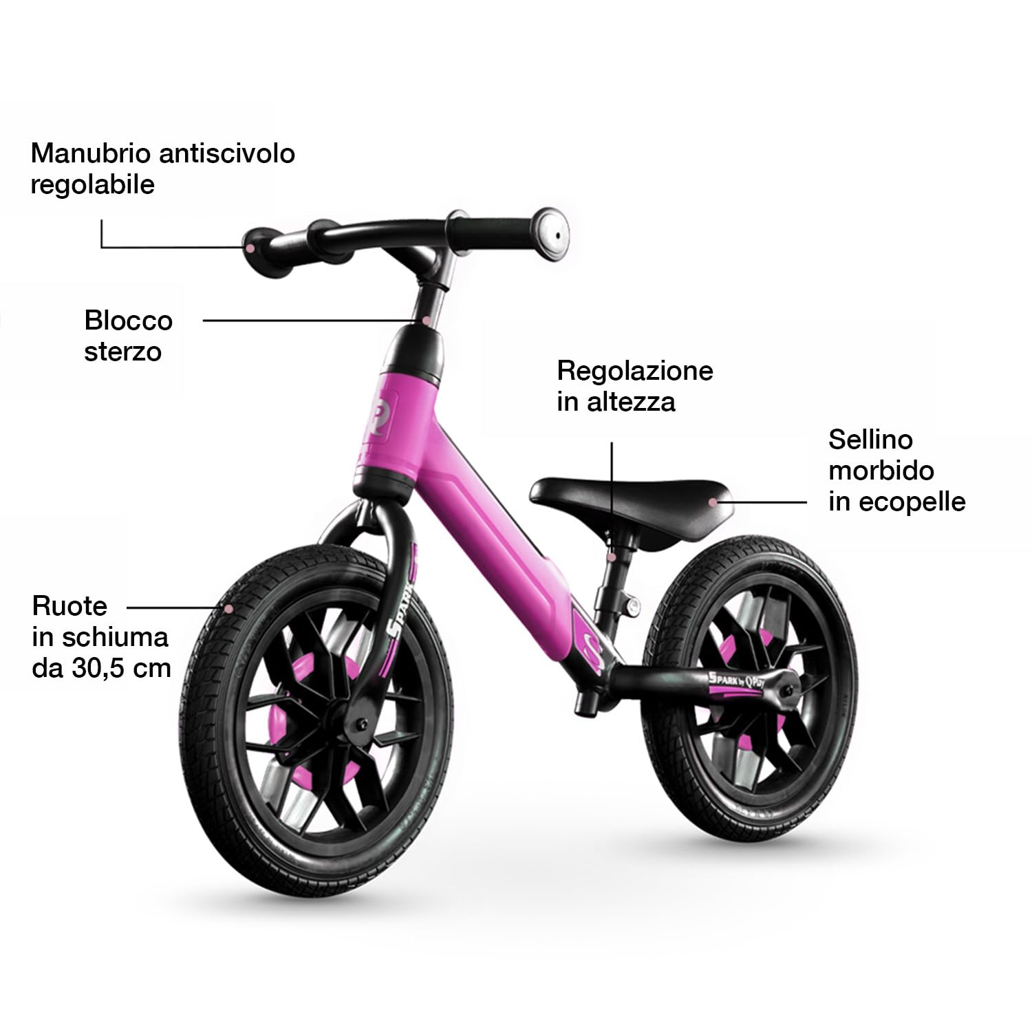 QPLAY Balance Bike Spark Vélo d'équilibre sans pédales avec éclairage LED à dynamo pour enfants de 3 à 6 ans - Réglable en hauteur - Charge maximale de 30 kg - Roues de 12"