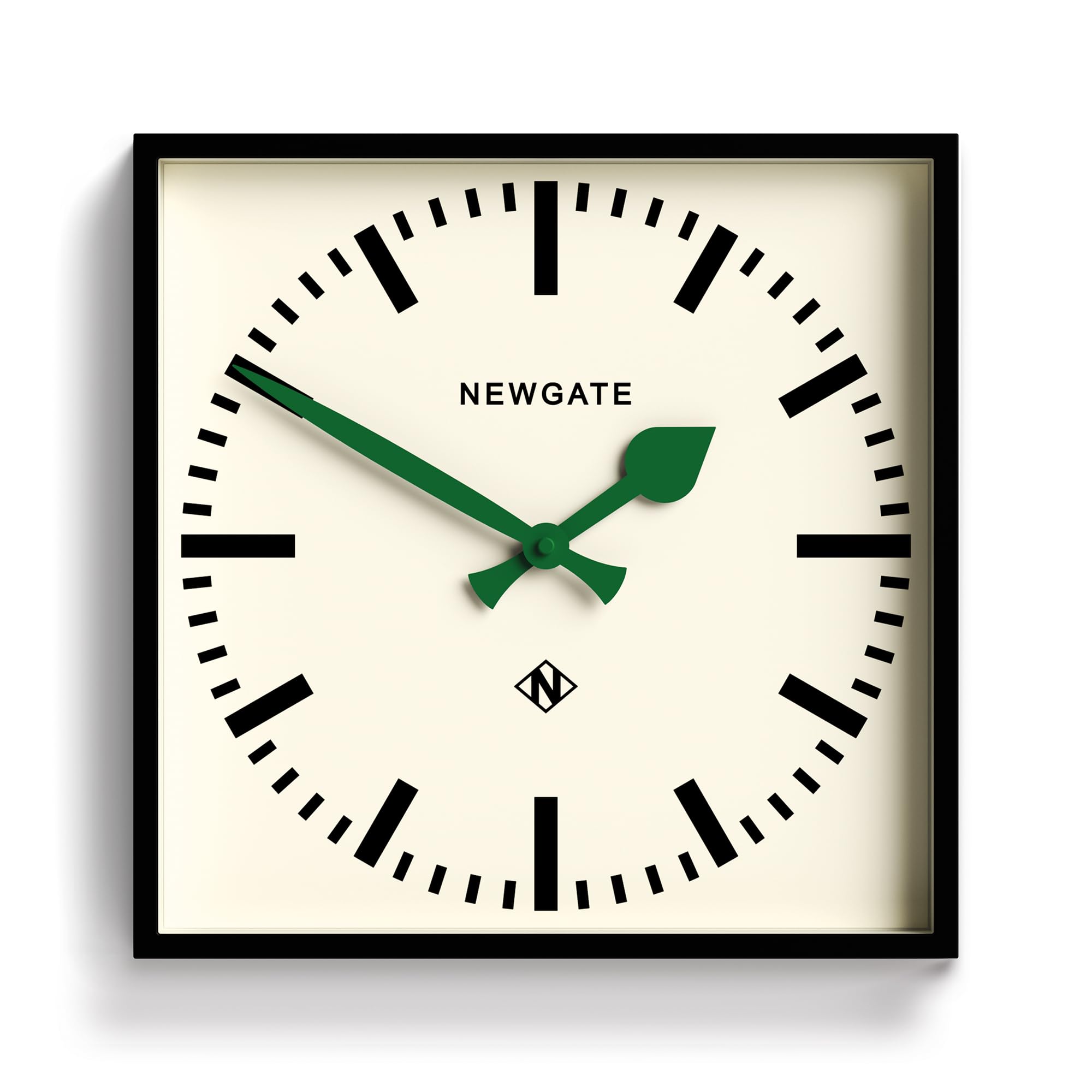 NEWGATE® Number Five Wall Clock | Square Retro Inspired Modern Station Clock | 16 inch | Black with Green Hands | Mid Century Style for Kitchen, Living Room or Office