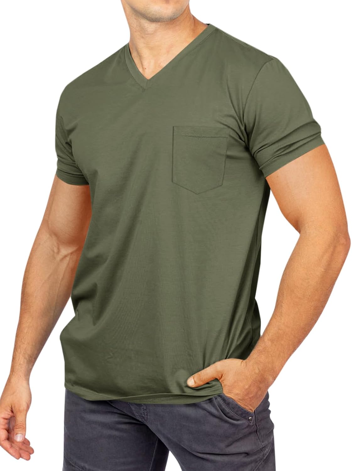 Runcati Mens Cotton V Neck T-Shirts Short Sleeve Casual Basic Summer Beach Pocket Tee Tops - Image 3