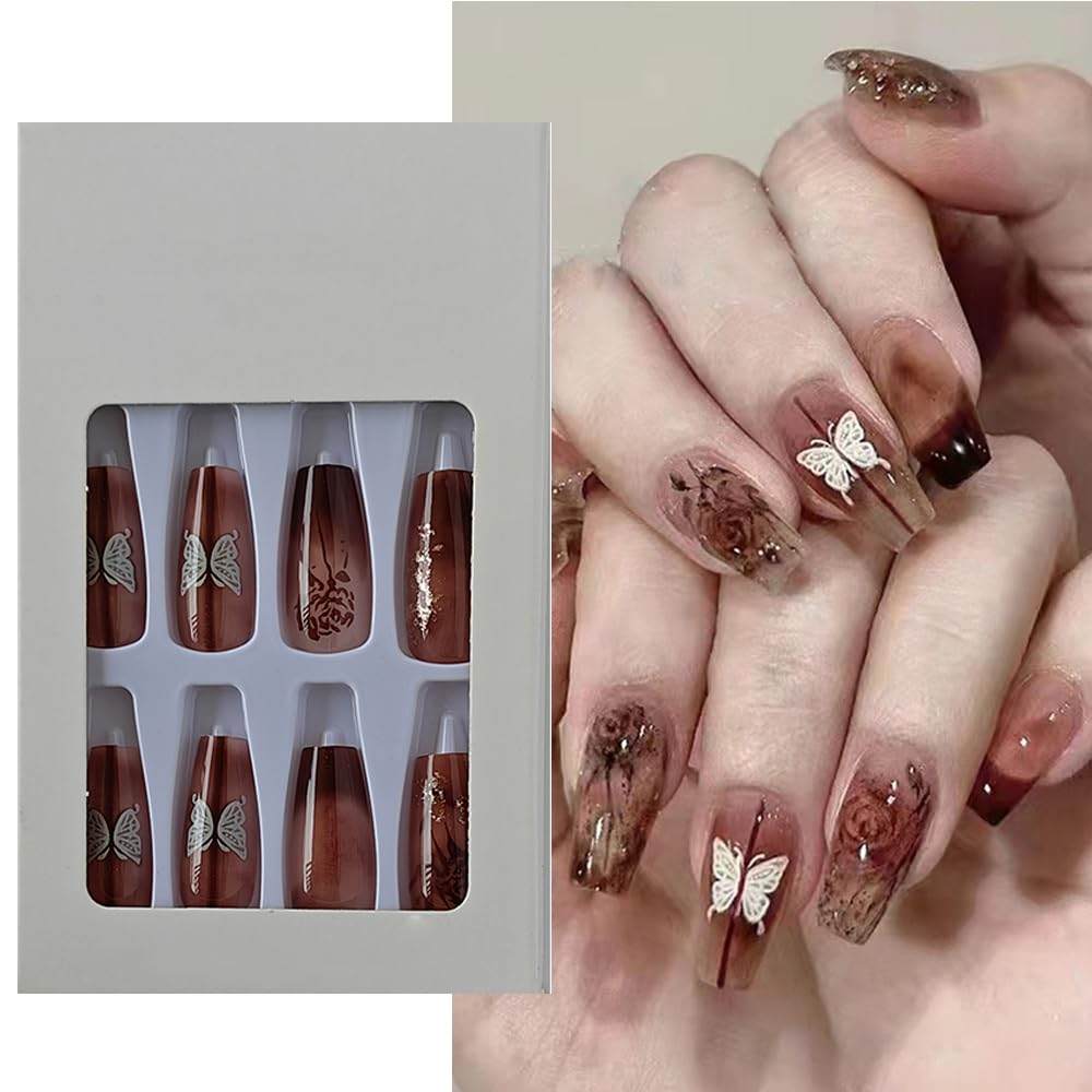 S.A.V.I 24 PCs Long Coffin Shape Nude Transparent Wine Color Butterfly Flower Print Press-on Fake Nails - DIY Manicure Kit - Salon Quality, Easy Application, Reusable False Nails Set-image-34