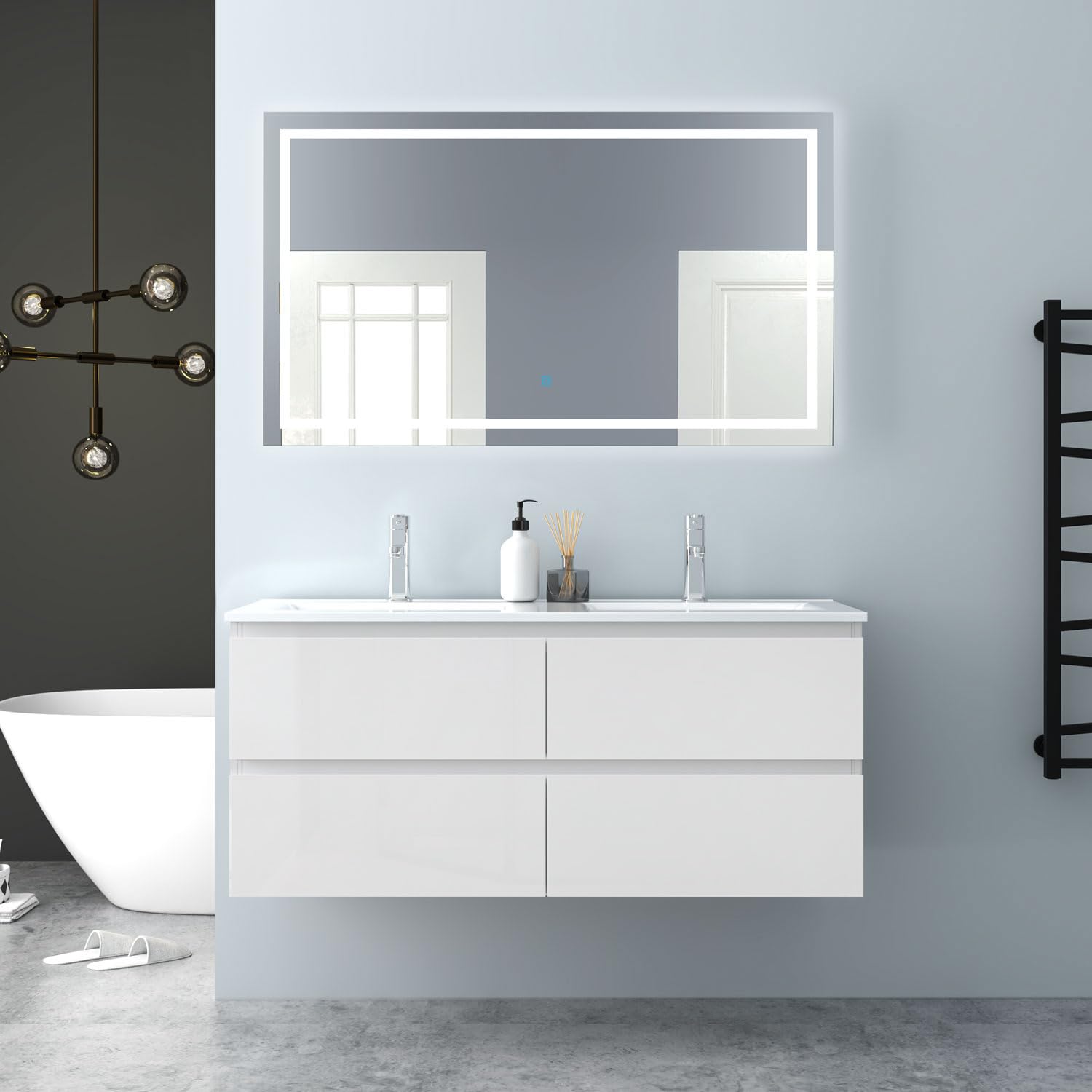 Badezimmermöbel 120cm Keramik Waschtisch mit Unterschrank Badmöbel Set Badezimmerschränke mit 2 Soft-Close Schubladen Hochglanz Weiß