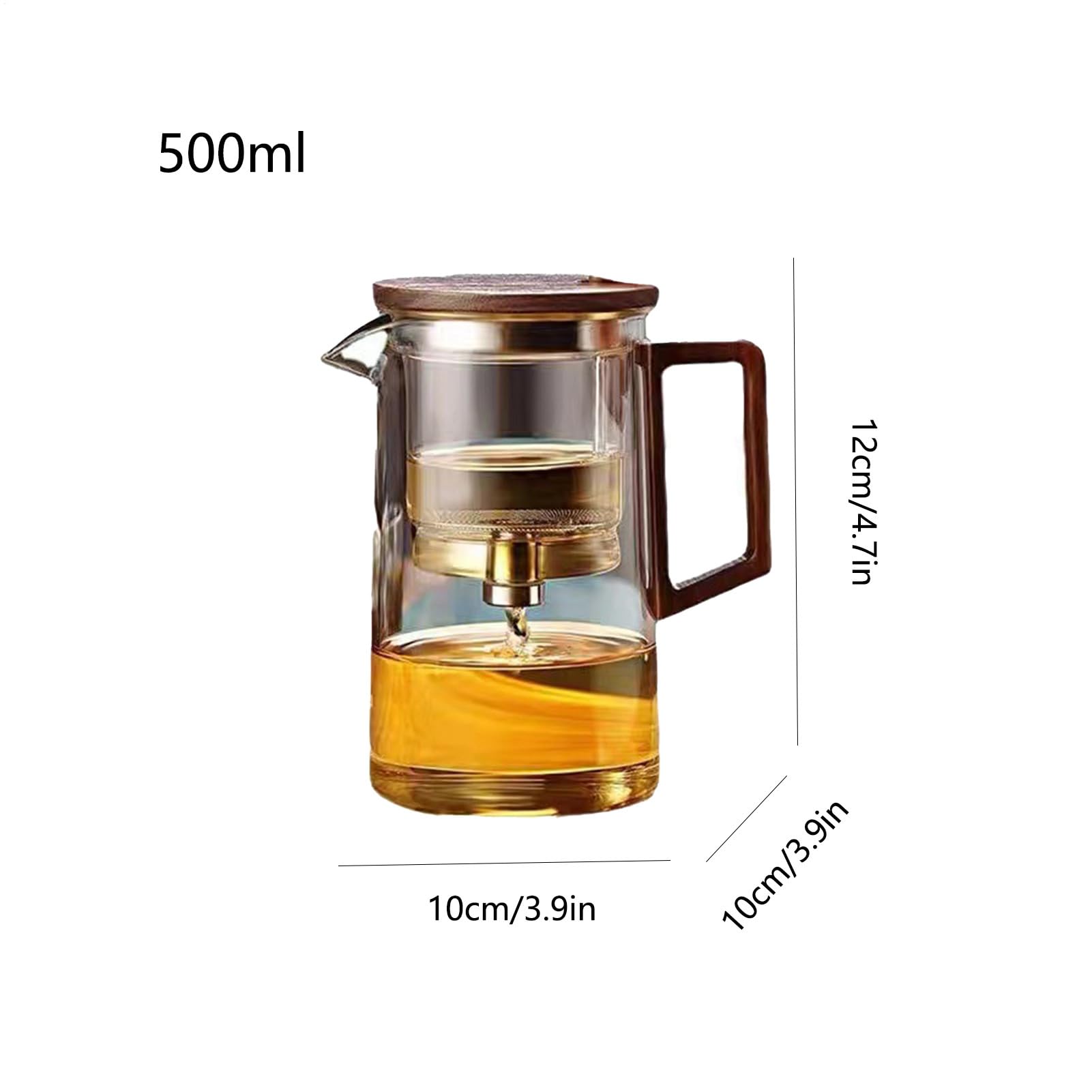 Teiera in con manico - teiera con filtro separazione acqua | Trasparente a un tocco con manico in legno | lavabile in lavastoviglie per tè verde, caffè, erbe aromatiche, boschi