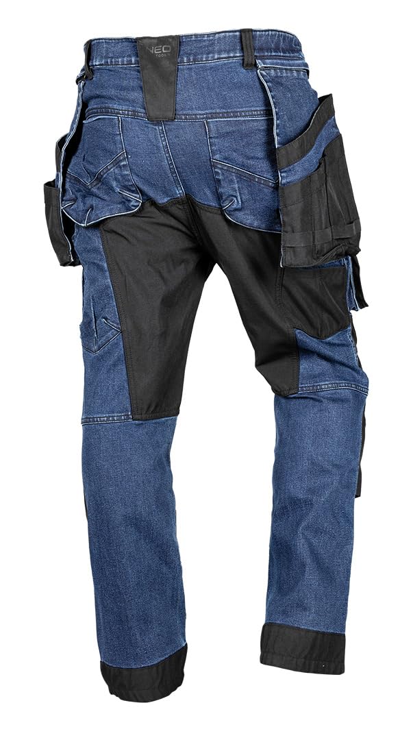 NEO TOOLS Pantalones de trabajo resistentes para hombre, de tela vaquera, 400 g/m², con bolsillos acolchados en las rodillas, refuerzos de cordura y porcentaje elástico