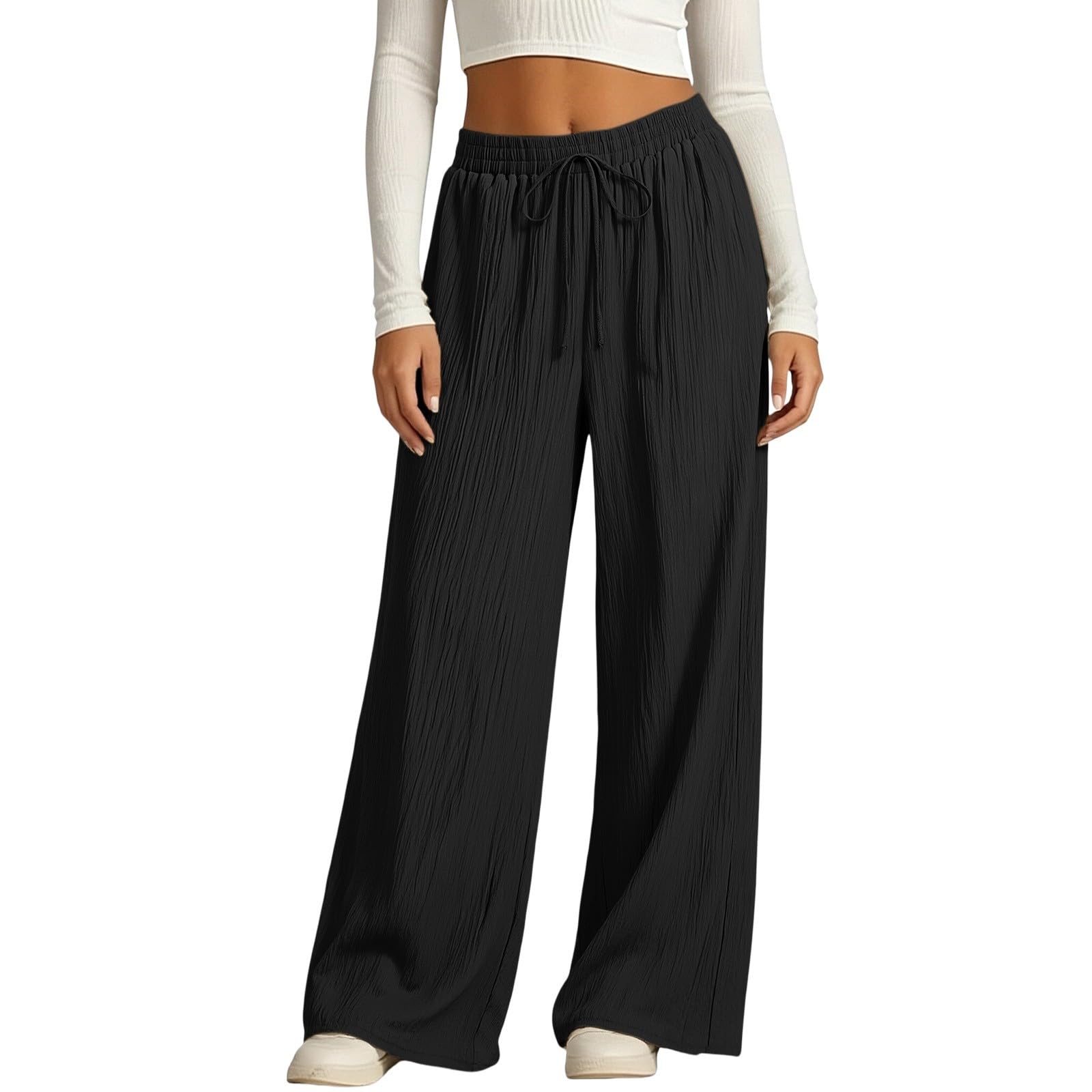 Generisch Pantalon long en mousseline pour femme - Pantalon d'été Palazzo élégant - Léger et aéré - Couleur unie - En coton - Pantalon de plage - Pantalon de loisirs - Élastique - Avec cordon de